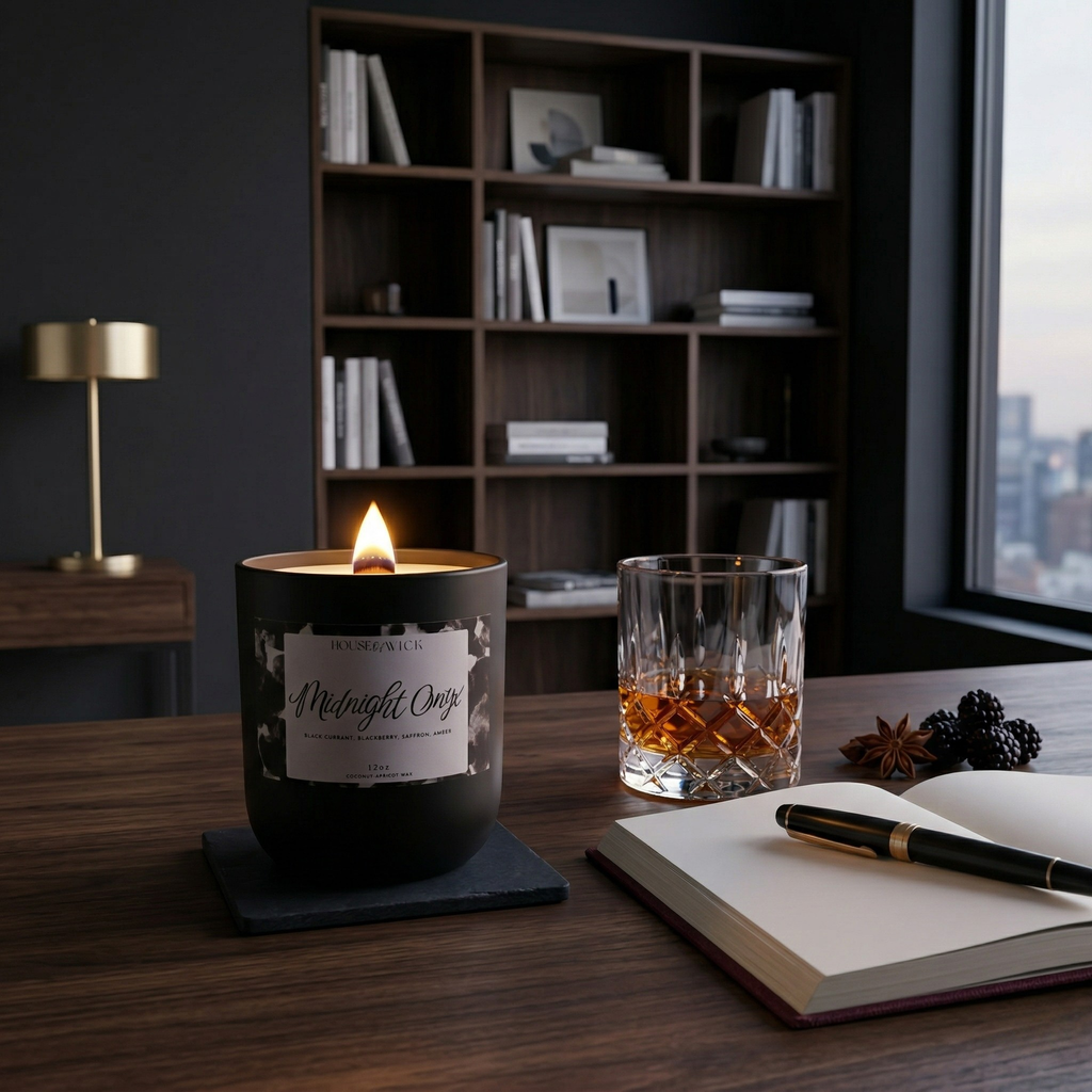 House of Wick Midnight Onyx 12 oz jar candle burning on a dark wooden desk next to a glass of whiskey, an open notebook, and fresh blackberries, with a bookshelf in the background.