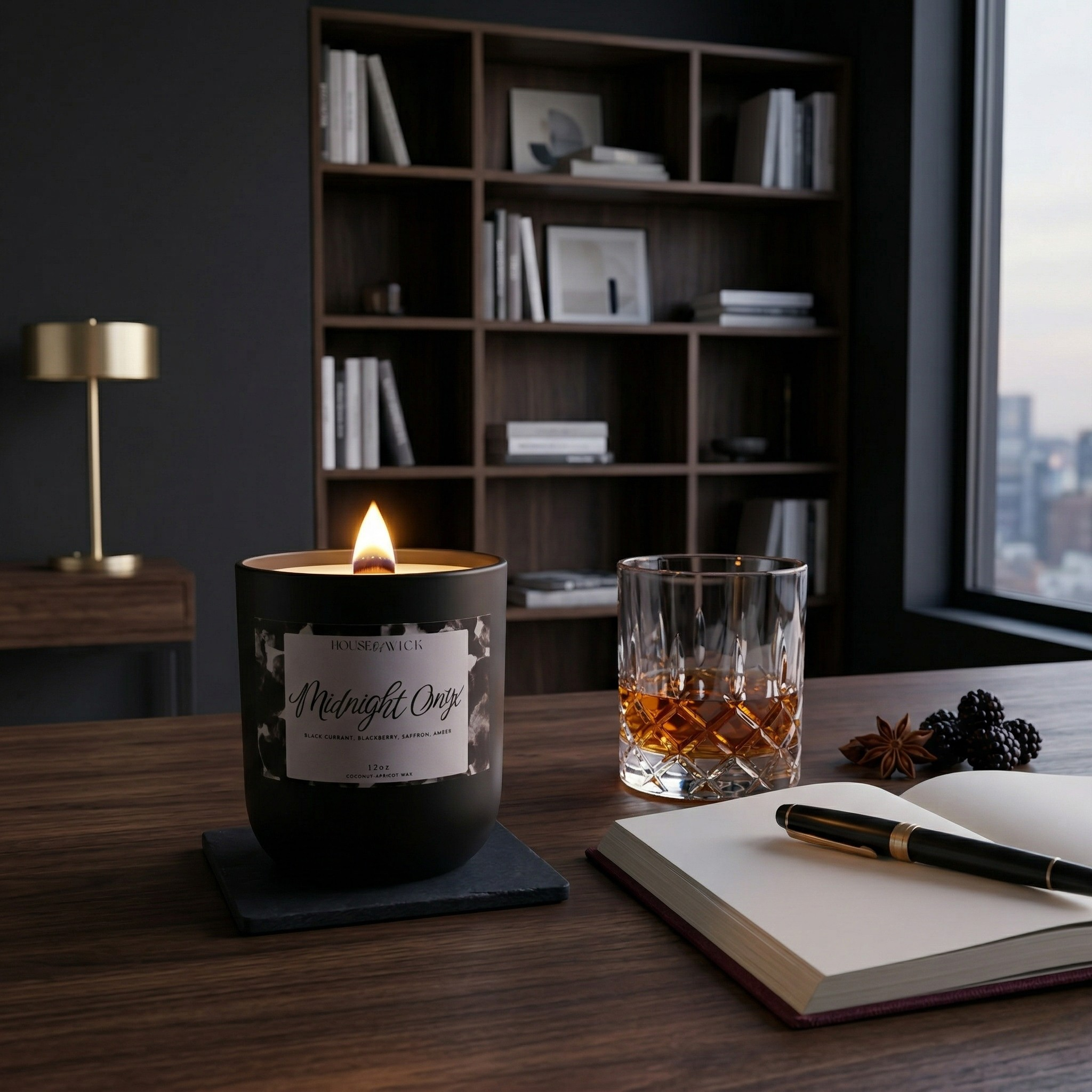 House of Wick Midnight Onyx 12 oz jar candle burning on a dark wooden desk next to a glass of whiskey, an open notebook, and fresh blackberries, with a bookshelf in the background.