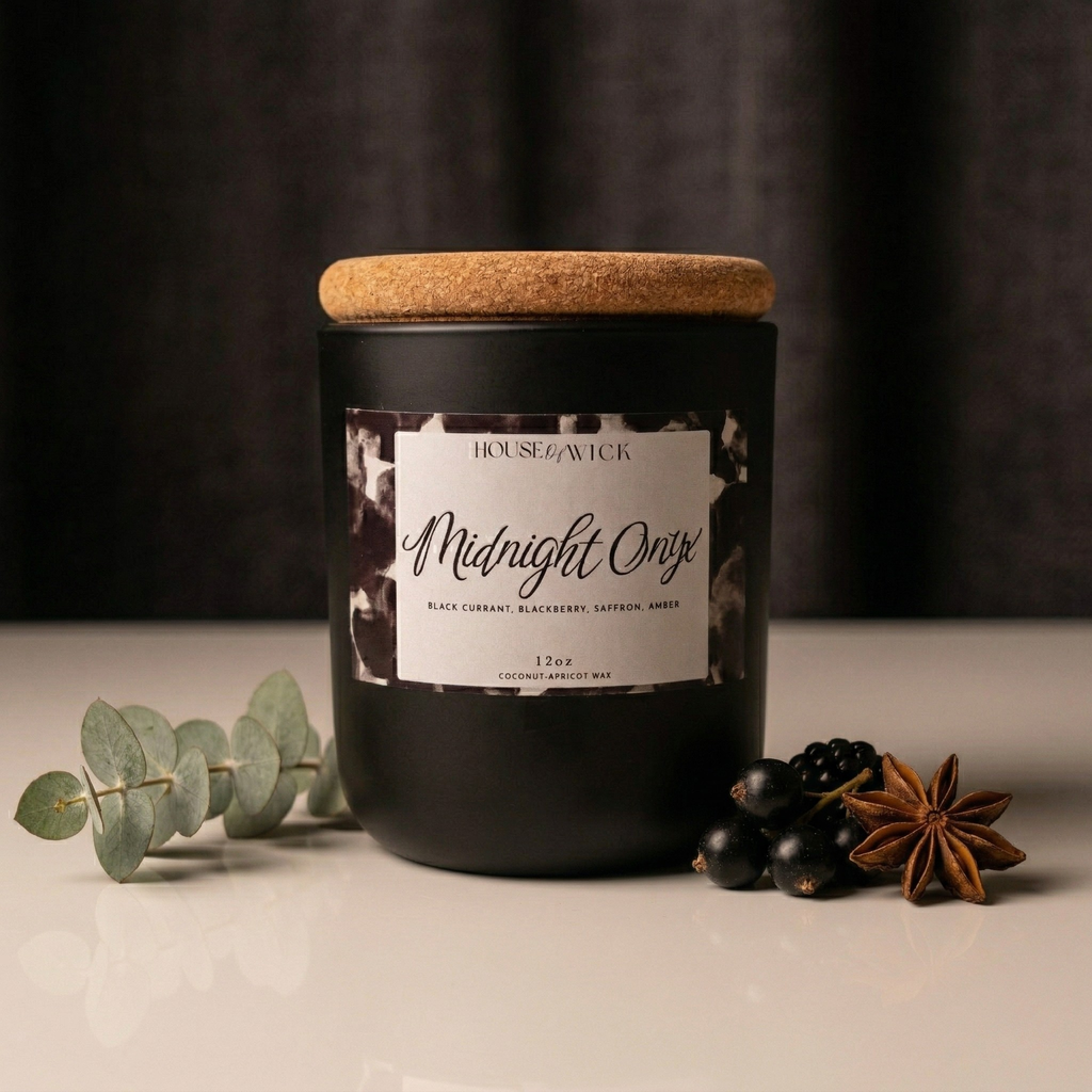 Unlit House of Wick Midnight Onyx 12 oz jar candle featuring a cork lid, styled on a white surface with fresh eucalyptus, black currants, and star anise.