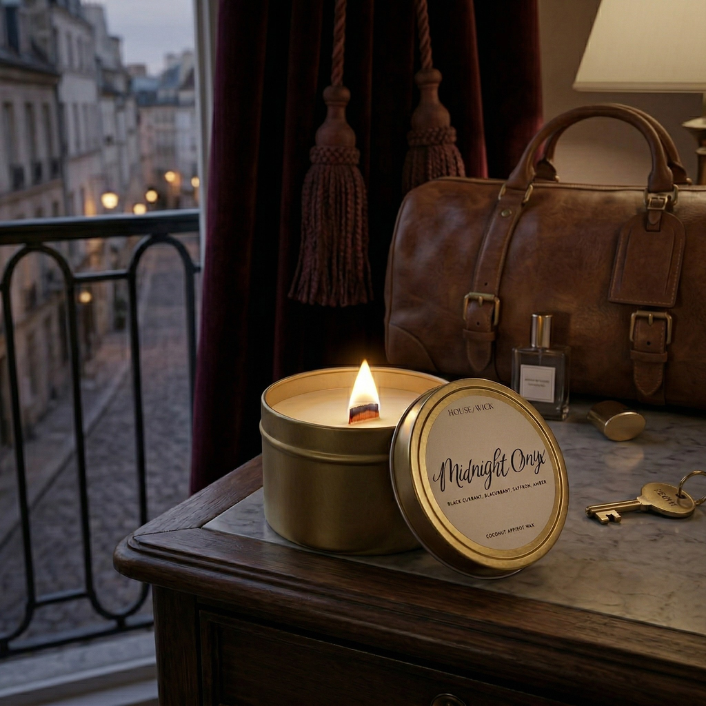 Lit House of Wick Midnight Onyx 6 oz gold tin candle on a bedside table next to a leather travel duffel bag and a hotel key, featuring a European cobblestone street view through the window.