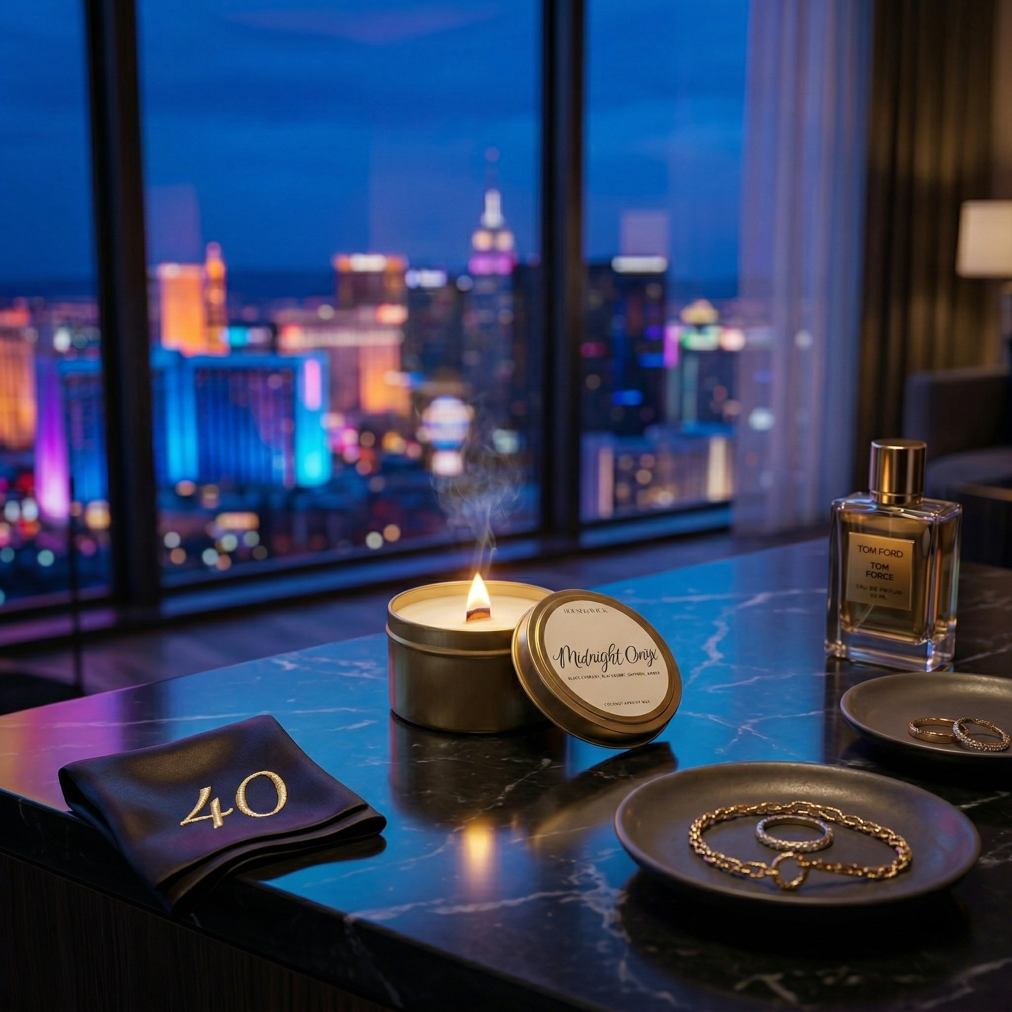 Lit House of Wick Midnight Onyx 6 oz gold travel tin candle on a reflective table alongside a "40" napkin, jewelry, and cologne, overlooking a vibrant Las Vegas nighttime skyline.