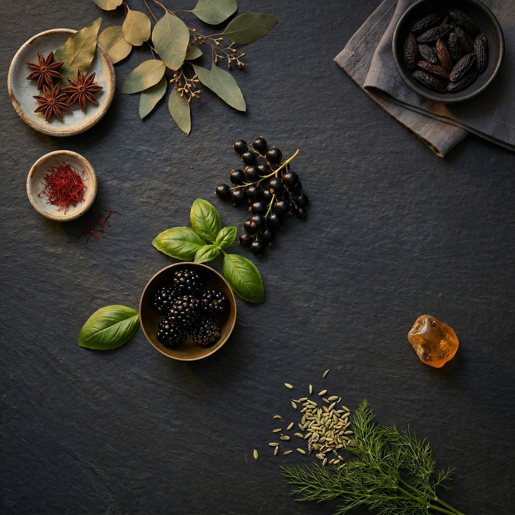 Top-down view of House of Wick Midnight Onyx fragrance ingredients on a dark slate surface, featuring black currants, blackberries, saffron threads, star anise, amber resin, and fresh greenery.