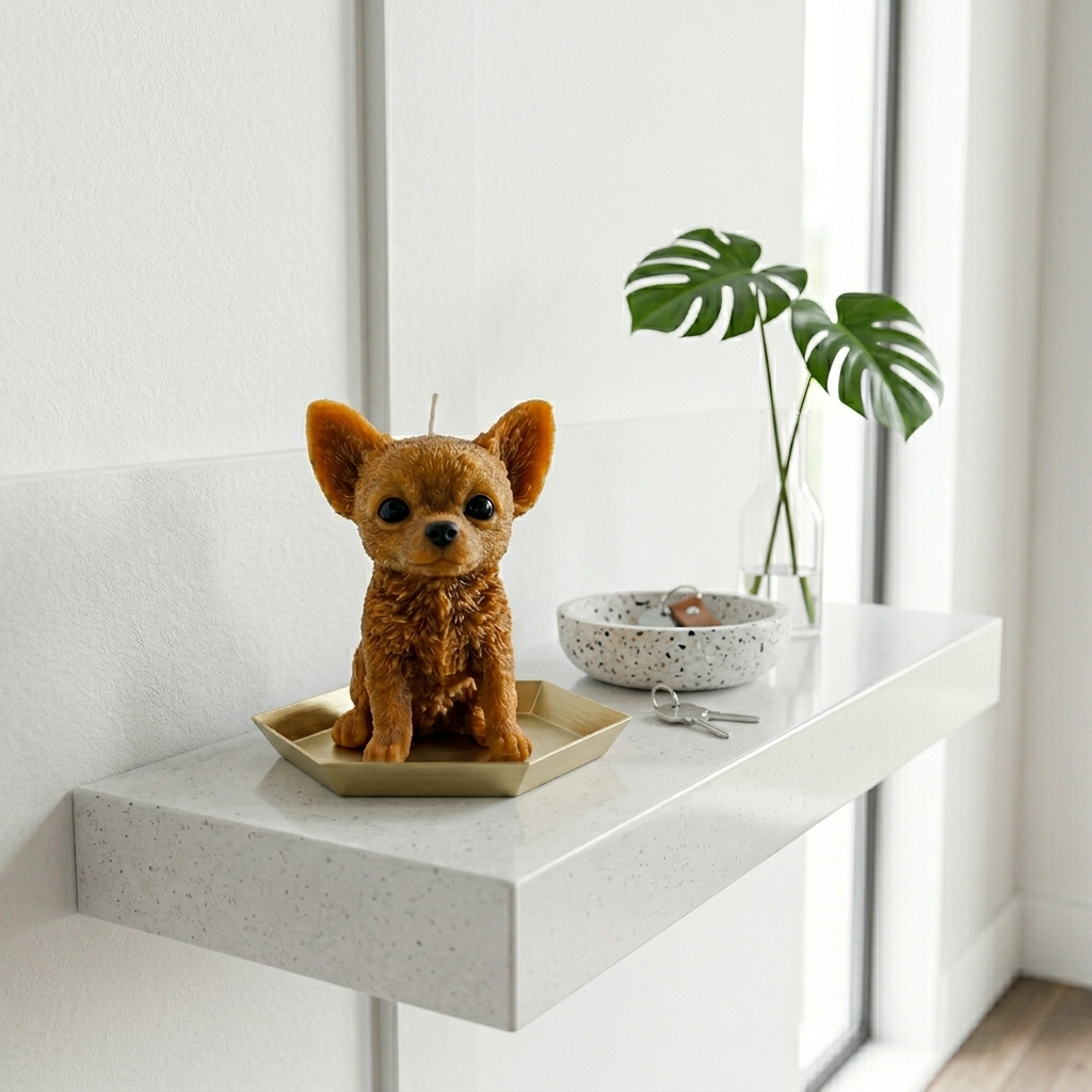 Tan Chihuahua puppy candle on a gold tray styled on a minimalist white floating shelf with a monstera leaf.