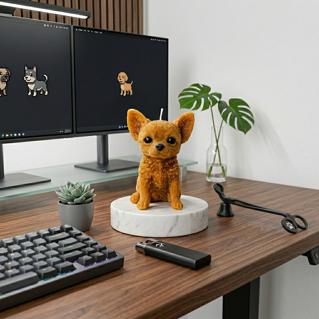 Aesthetic desk setup featuring a tan Chihuahua puppy candle, dual monitors with pixel art, and a small succulent.