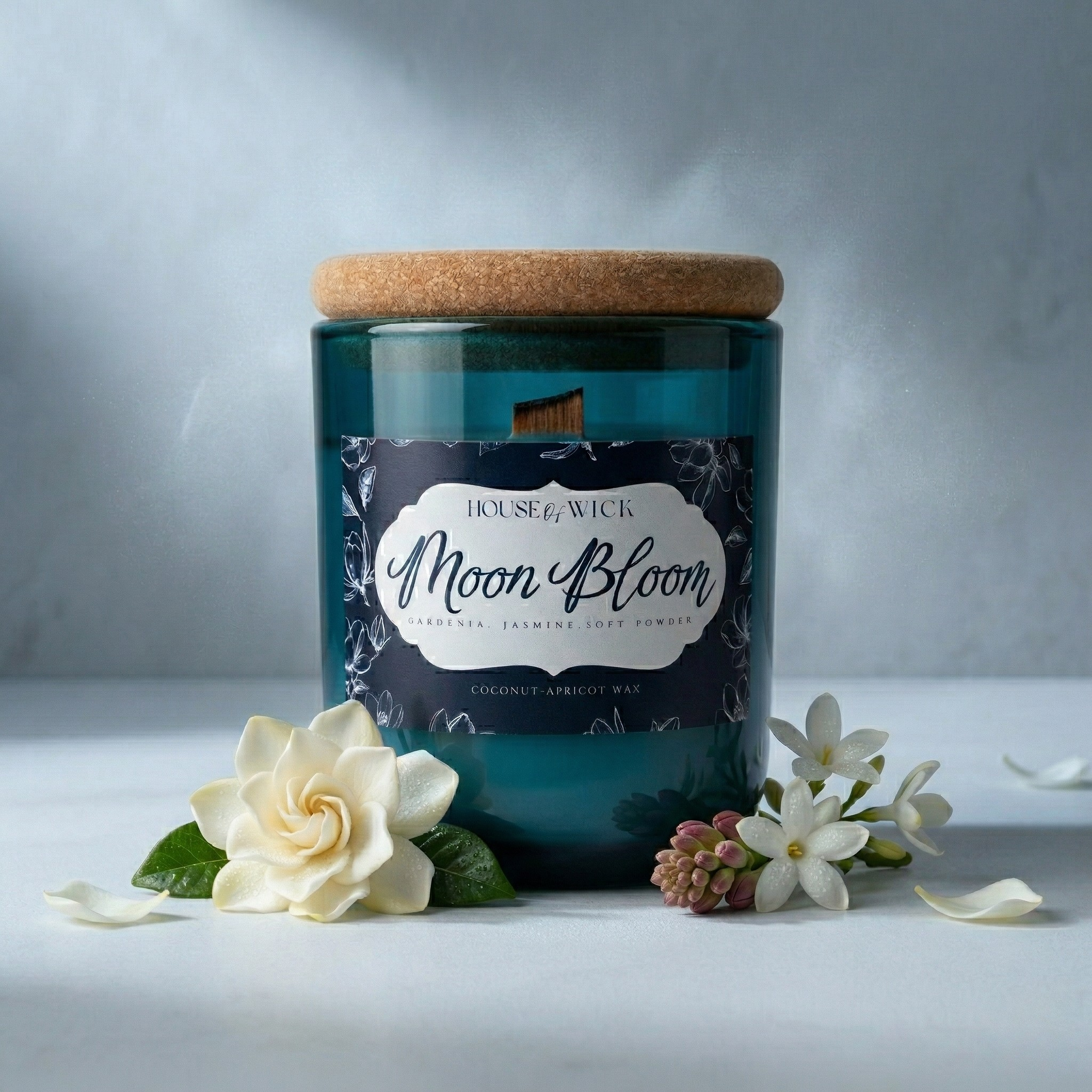 Front view of the House of Wick Moon Bloom 12 oz coconut-apricot wax candle in a blue-green frosted glass jar with a cork lid, surrounded by fresh gardenia and jasmine flowers on a light surface.
