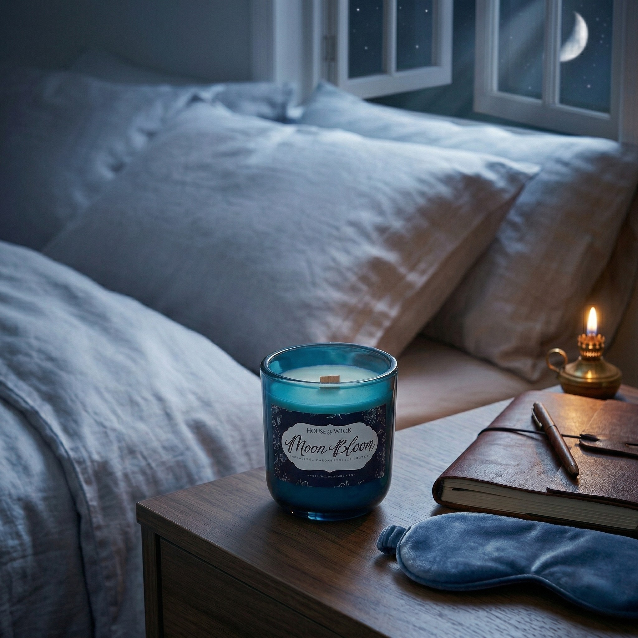 Unlit House of Wick Moon Bloom 12 oz glass jar candle on a wooden bedside table next to a leather journal, blue sleep mask, and small brass lamp, with a bed and a view of a crescent moon through the window in the background.