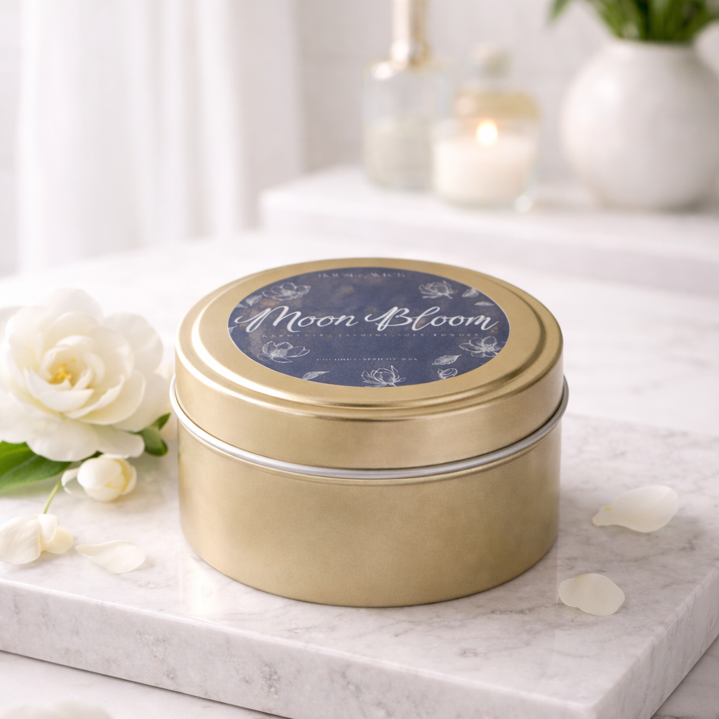 Moon Bloom 6 oz gold travel tin candle by House of Wick styled on marble tray with white florals in a luxury bathroom setting