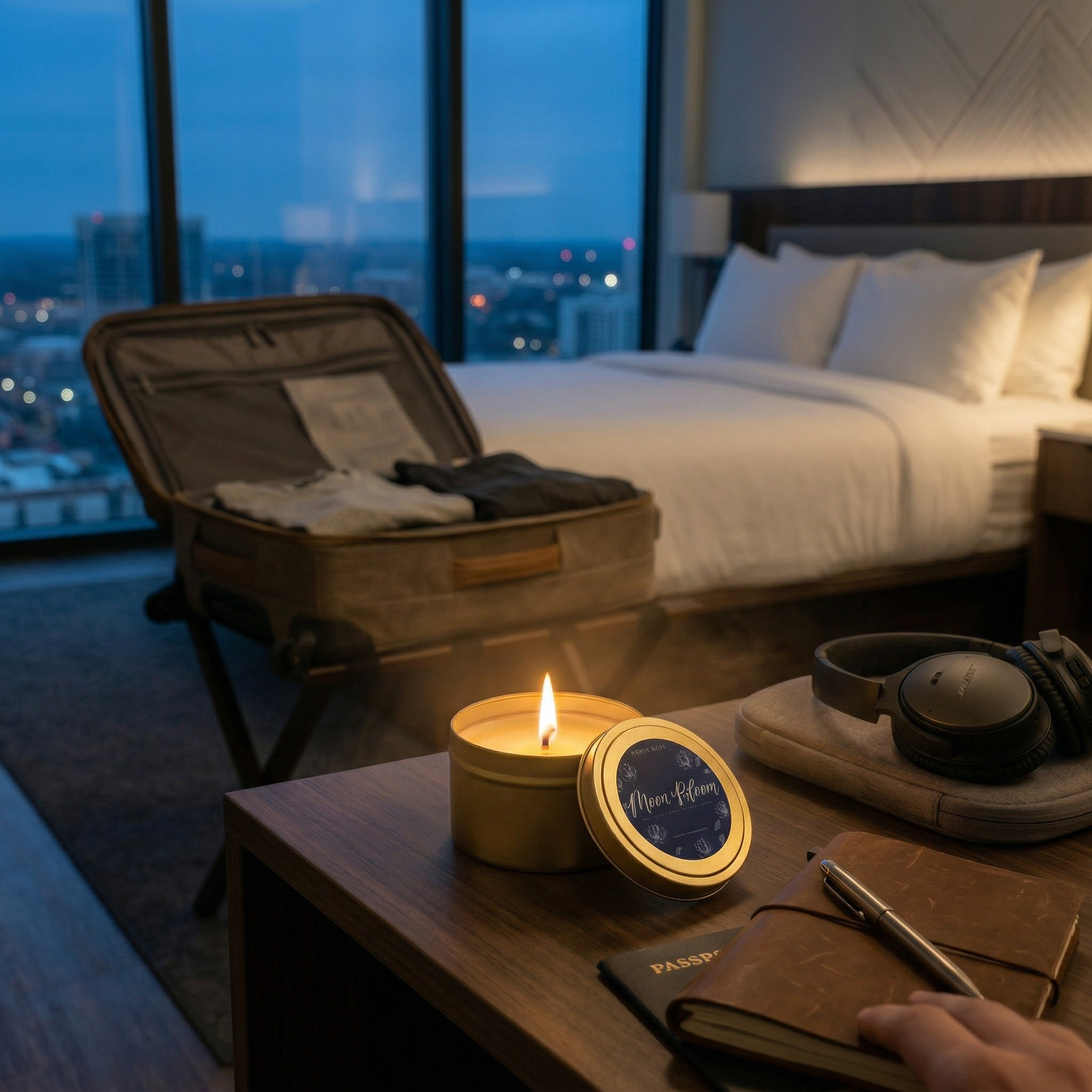 Lit House of Wick Moon Bloom 6 oz gold tin travel candle on a wooden table next to a passport, leather journal, and headphones, with a hotel room bed, open suitcase, and city skyline at dusk in the background.