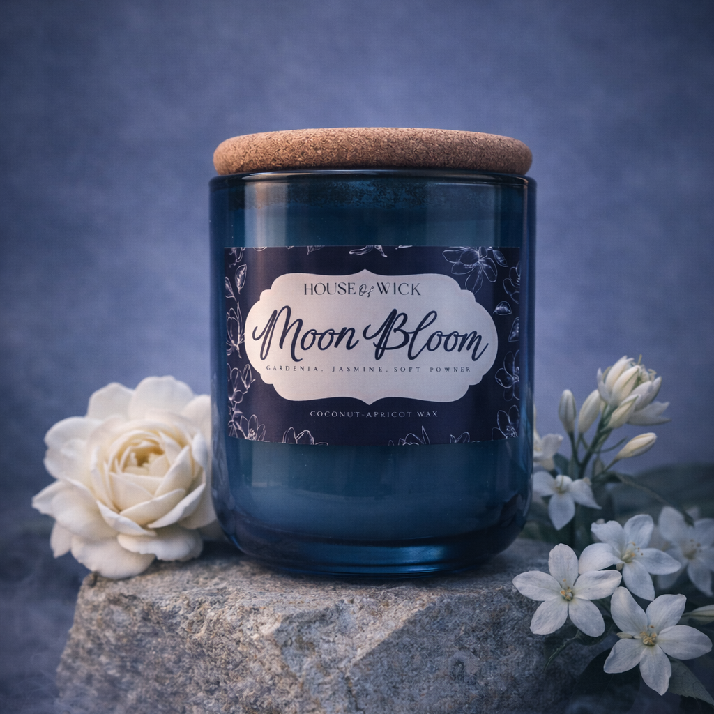 Moon Bloom romantic night floral candle by House of Wick styled on stone pedestal with white gardenia and jasmine flowers