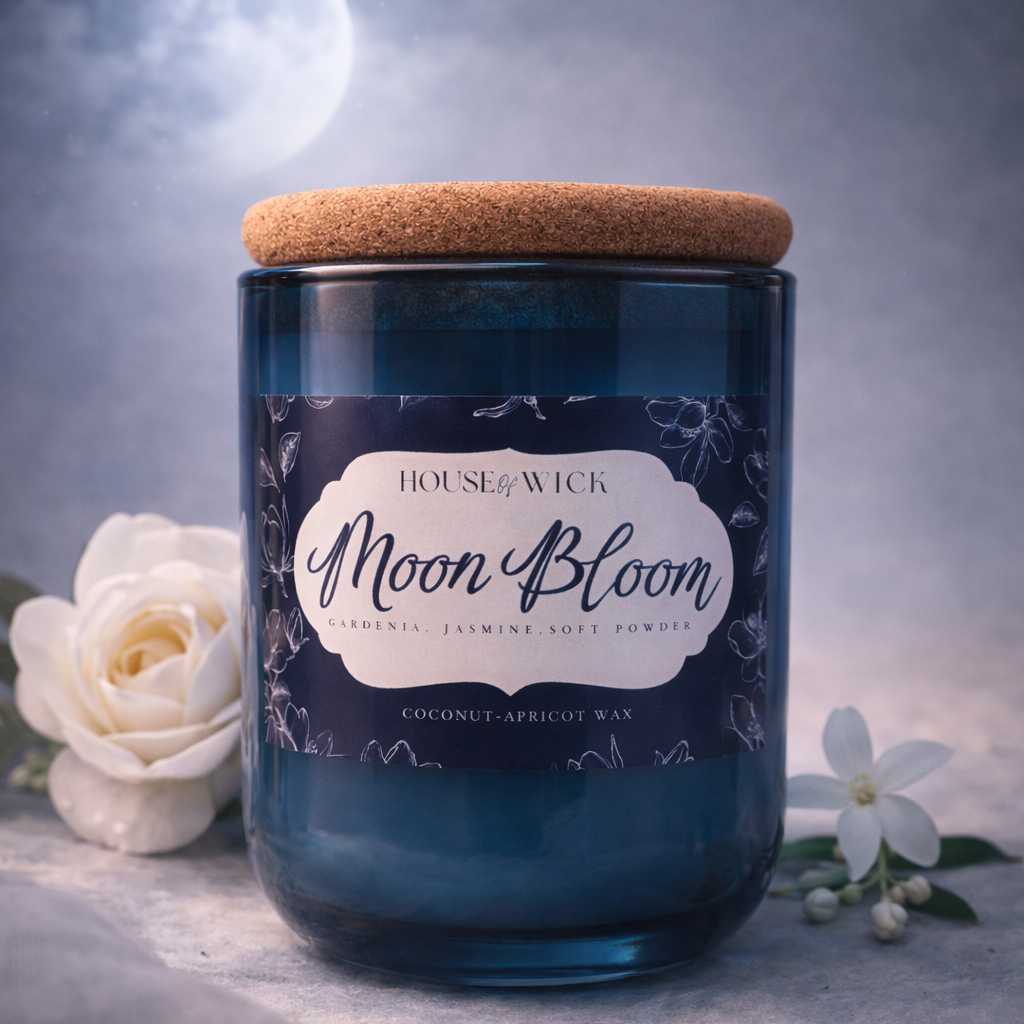 Moon Bloom luxury white floral candle by House of Wick featuring gardenia, jasmine and soft powder notes in deep blue glass jar under moonlight