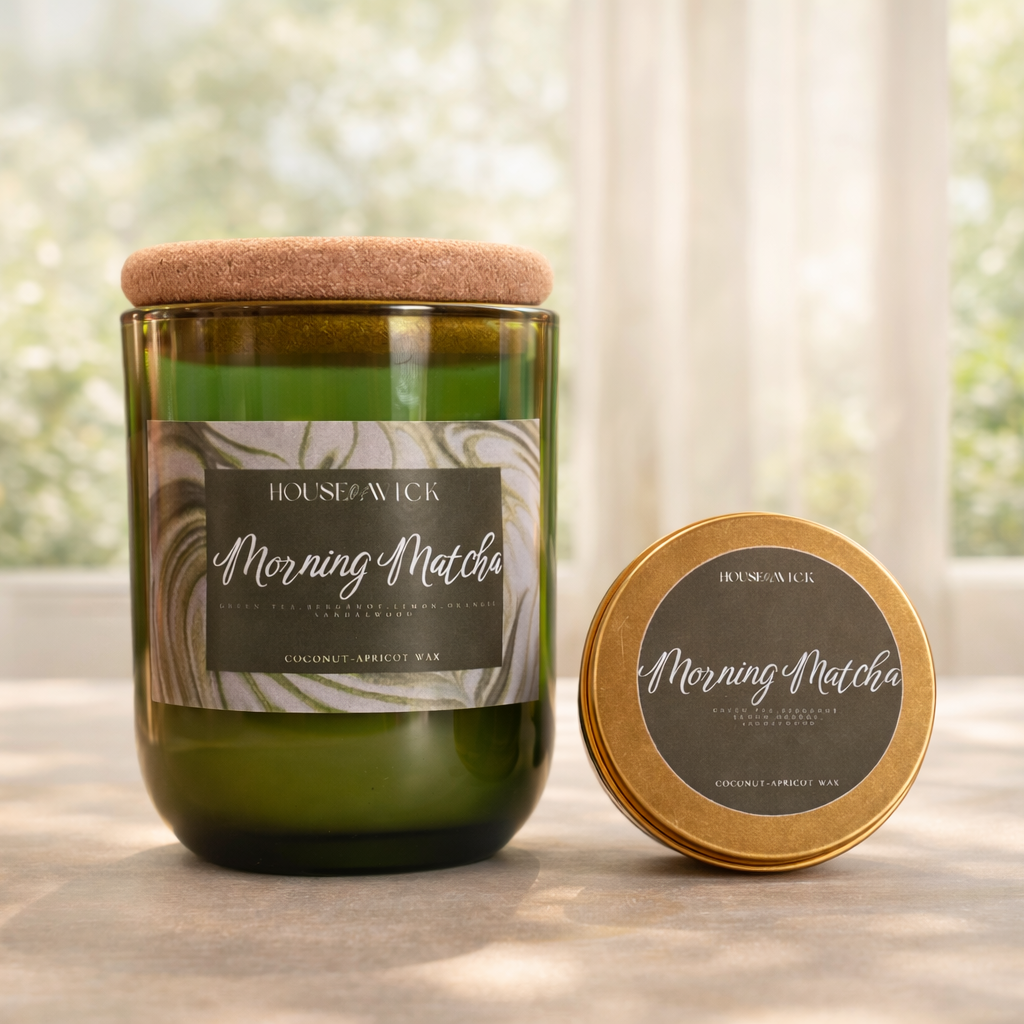 House of Wick Morning Matcha candle set including 12 oz green glass jar and 2 oz gold travel tin
