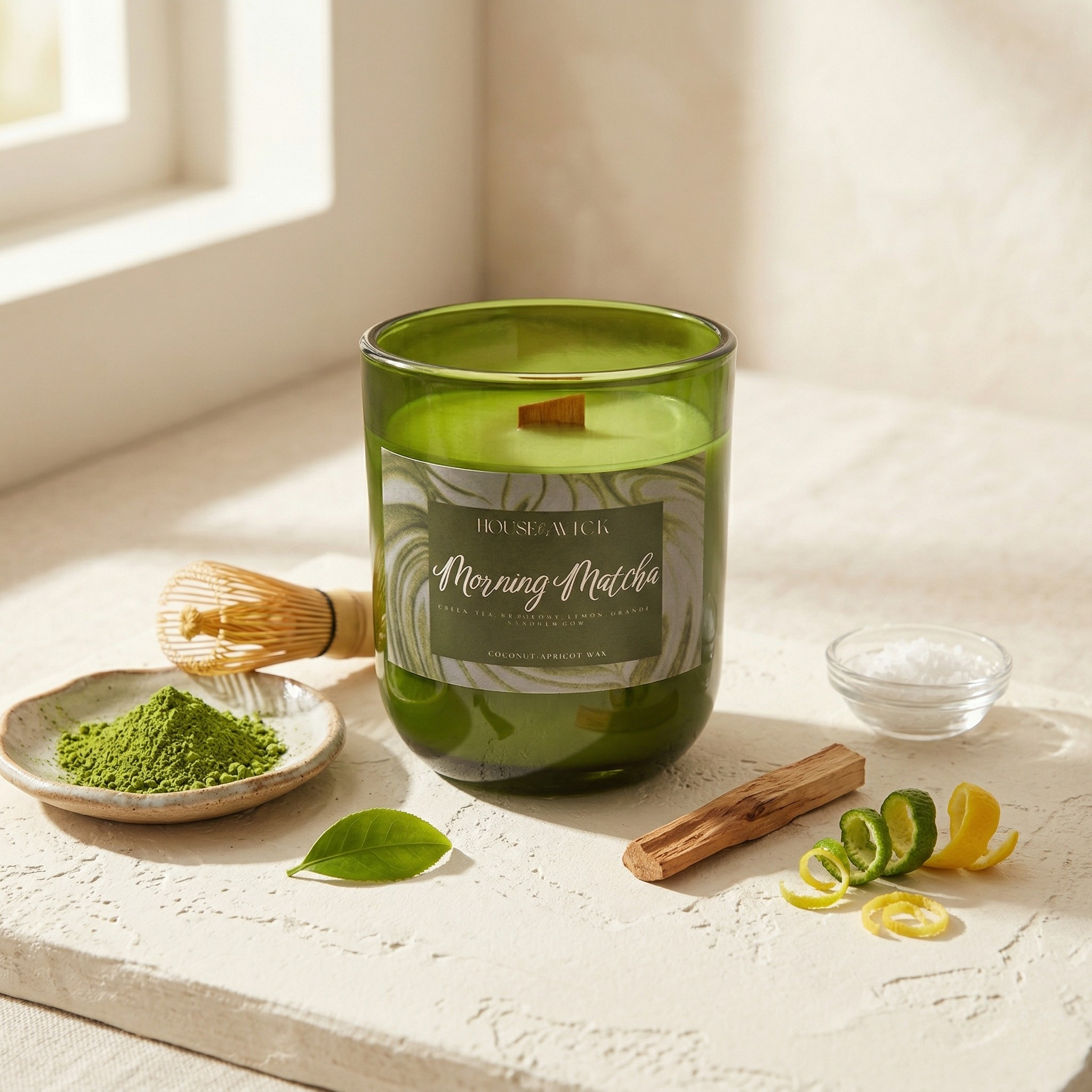 House of Wick Morning Matcha candle with raw matcha powder, lemon zest, and sandalwood ingredients.