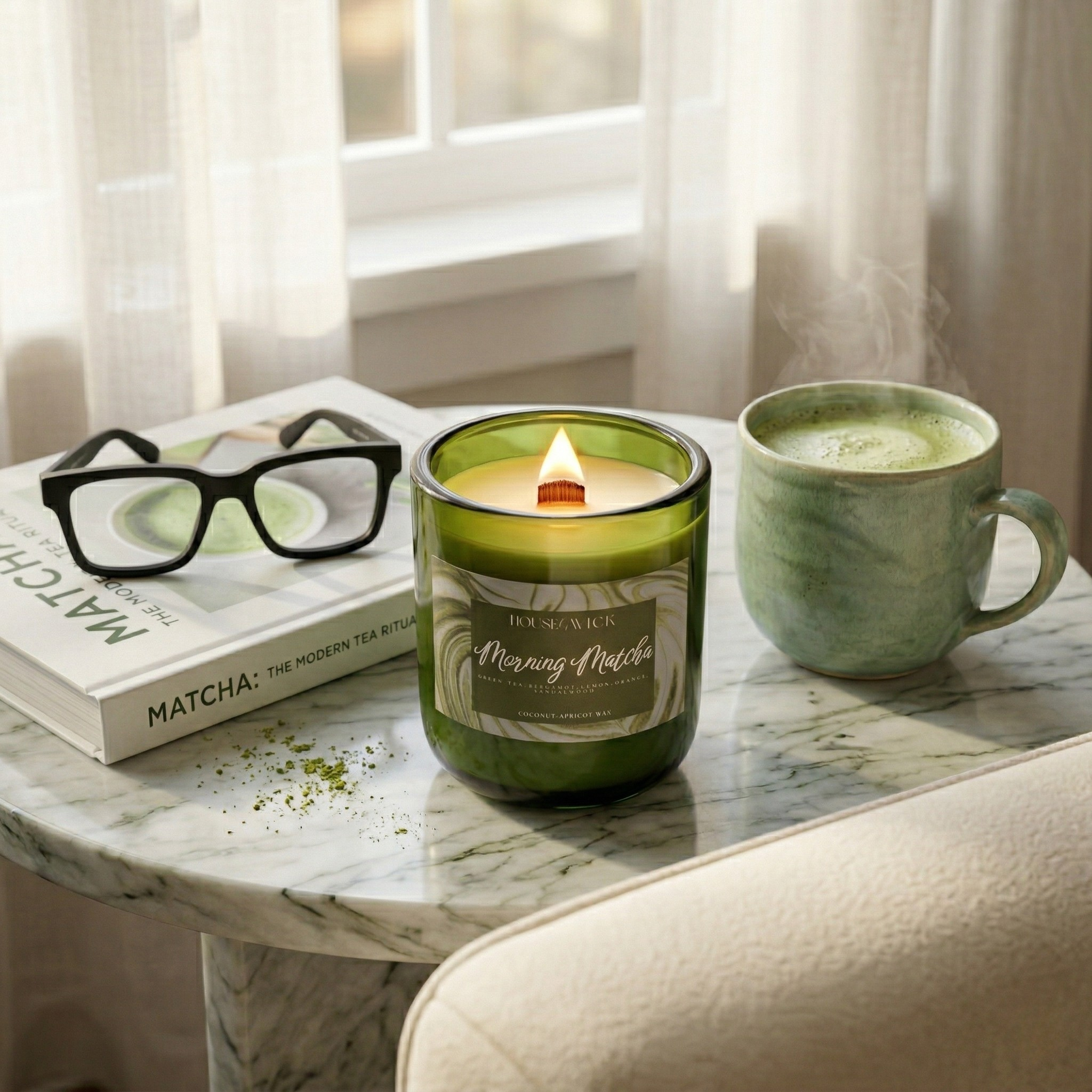Morning Matcha wood wick candle in green glass jar on a marble table next to glasses and a book.