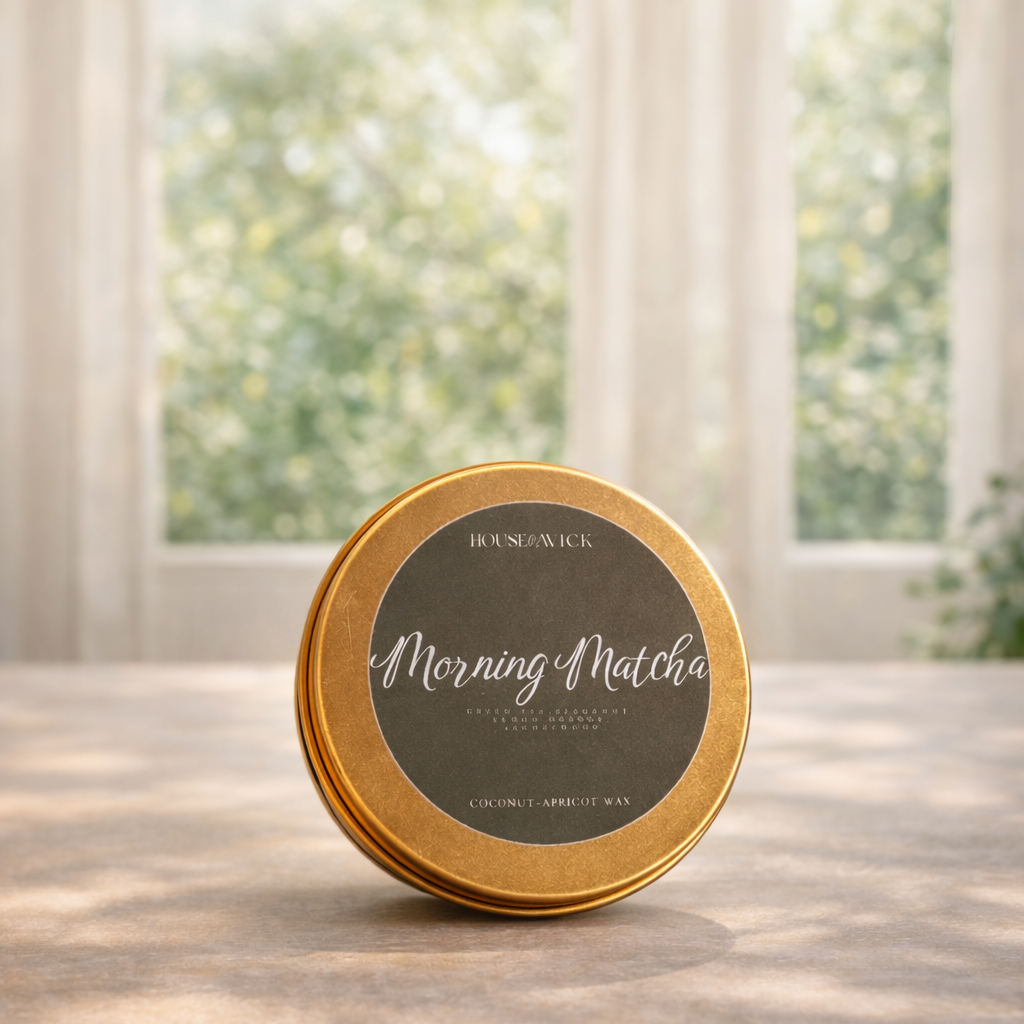 House of Wick Morning Matcha 2 oz travel tin candle with gold lid and modern minimal styling