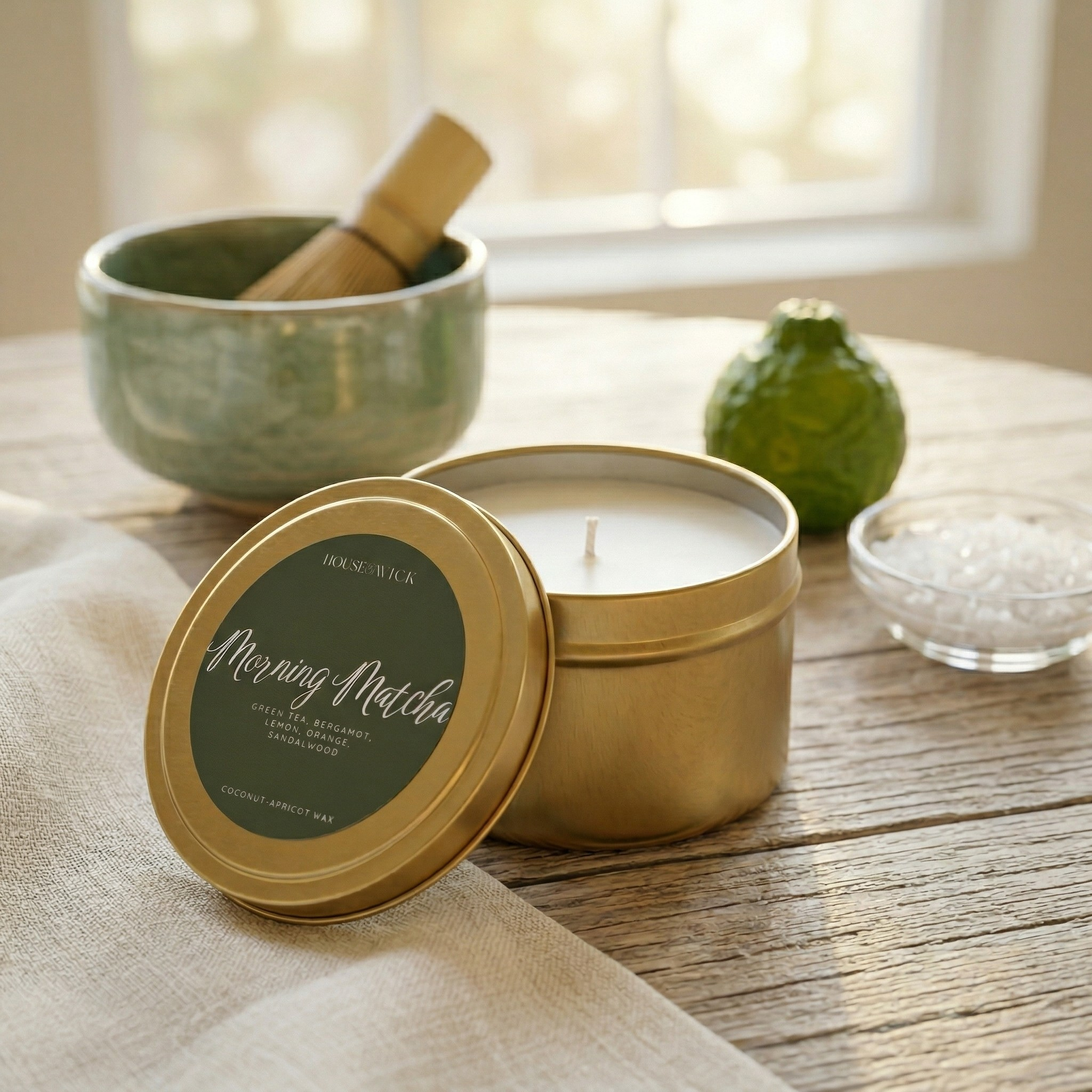 Close-up of House of Wick Morning Matcha gold travel tin candle with bergamot and lemon accents.
