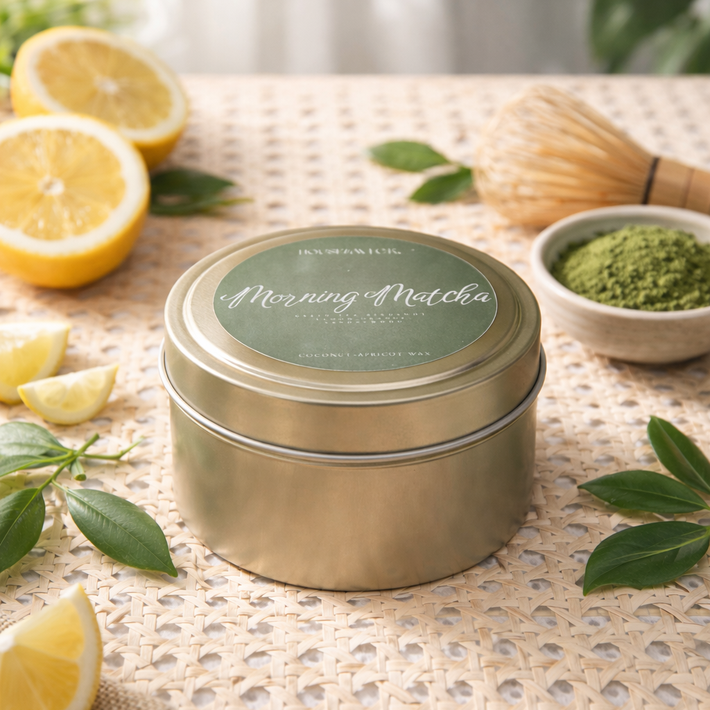 Morning Matcha 2 oz travel tin candle by House of Wick with soft natural window light background.