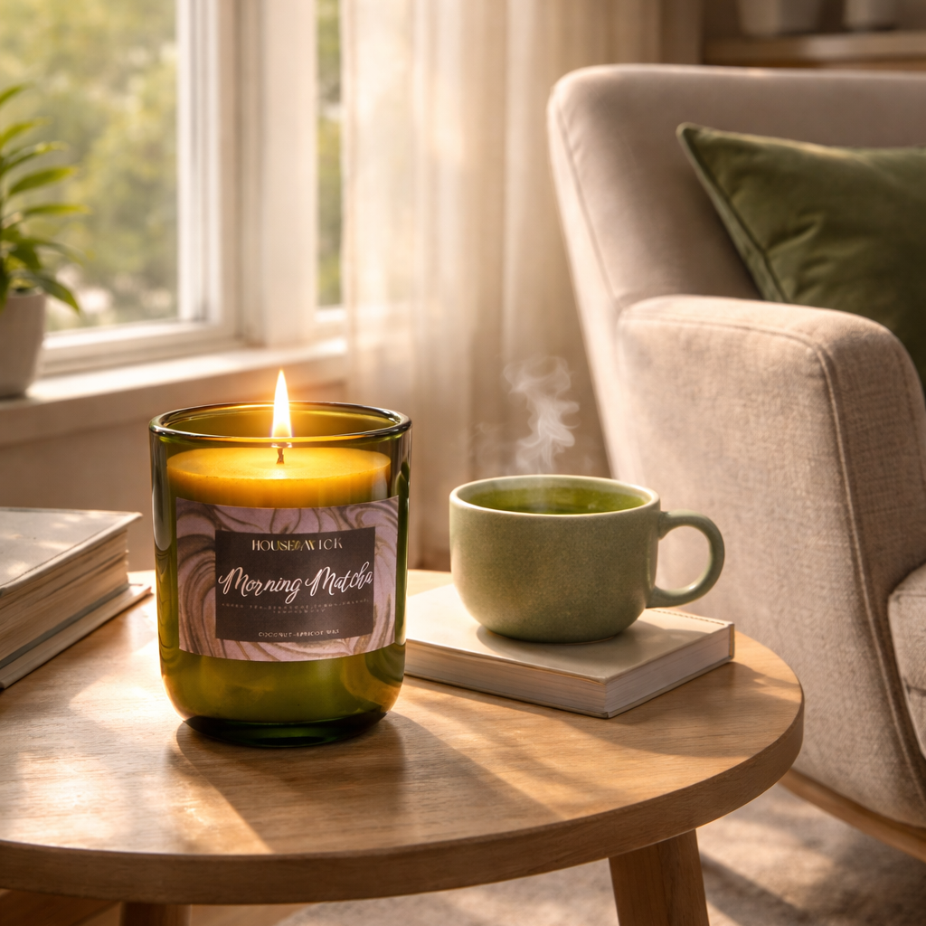 House of Wick Morning Matcha candle lit in a modern living room beside a window with warm morning sunlight and green tea on a side table.