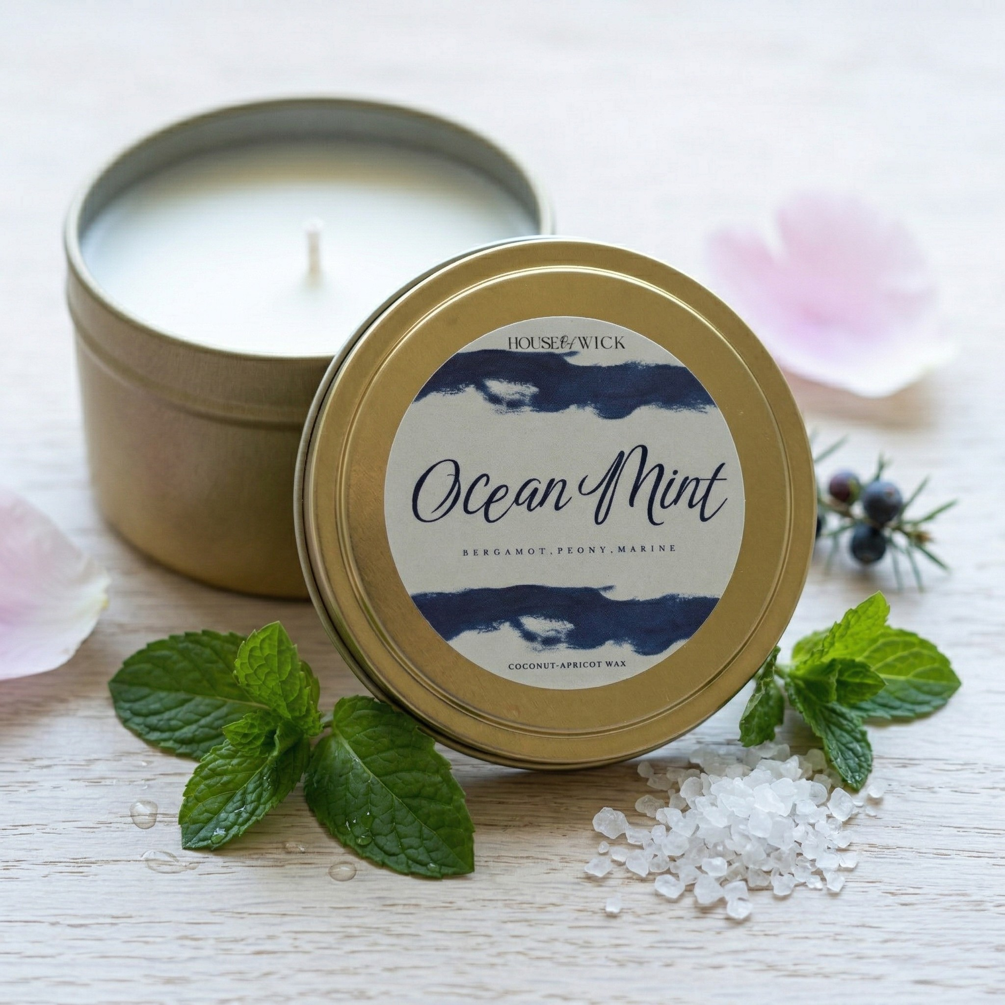 Open House of Wick Ocean Mint 6 oz gold travel tin candle displaying the wax, leaning against its lid on a light wood surface with fresh mint leaves, sea salt, and botanical accents.