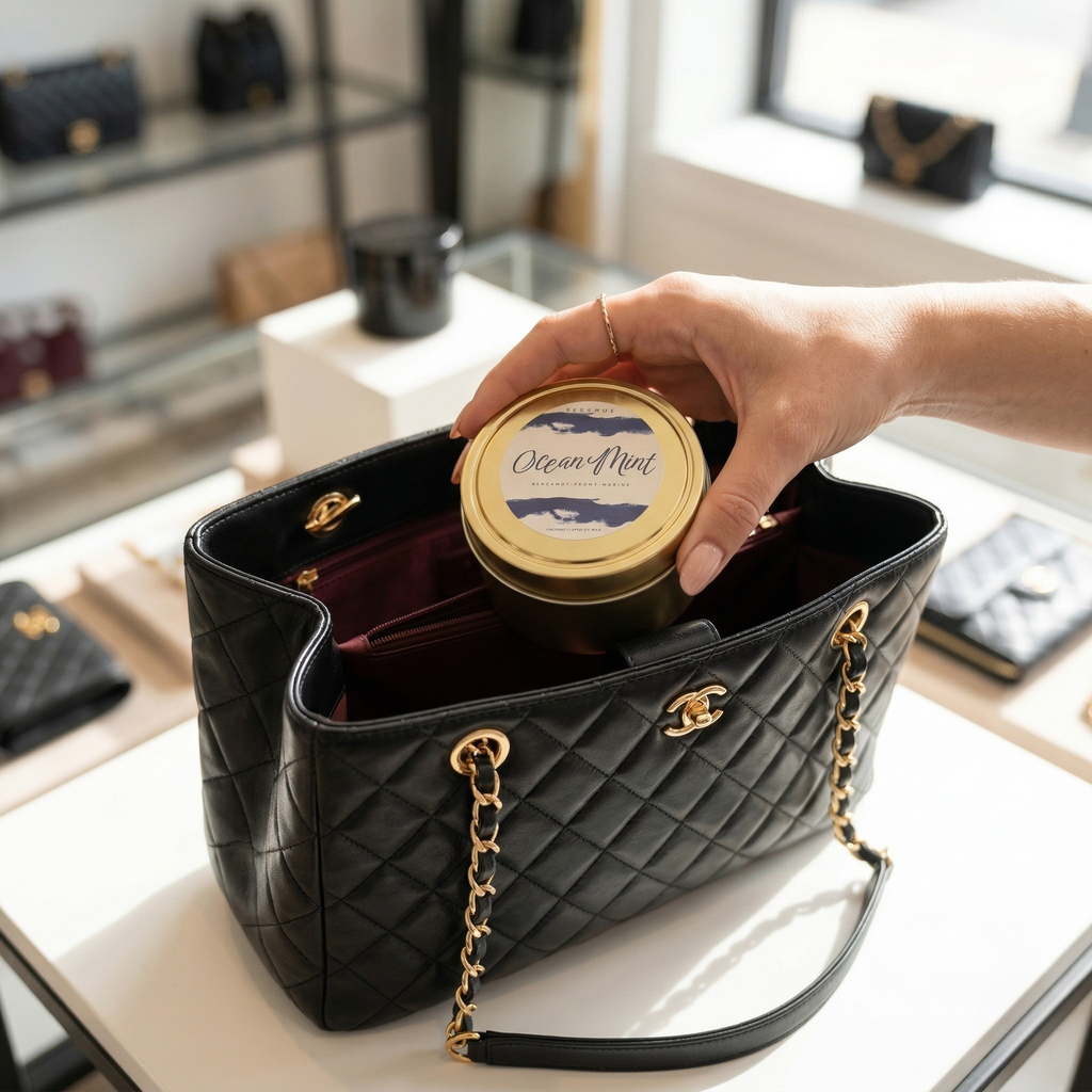 A hand placing a closed House of Wick Ocean Mint 6 oz gold tin travel candle into a black quilted designer handbag in a bright, modern boutique setting.