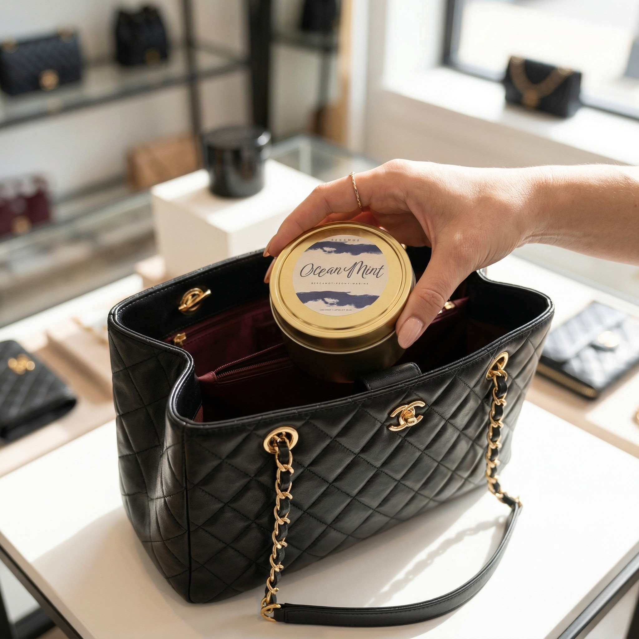 A hand placing a closed House of Wick Ocean Mint 6 oz gold tin travel candle into a black quilted designer handbag in a bright, modern boutique setting.