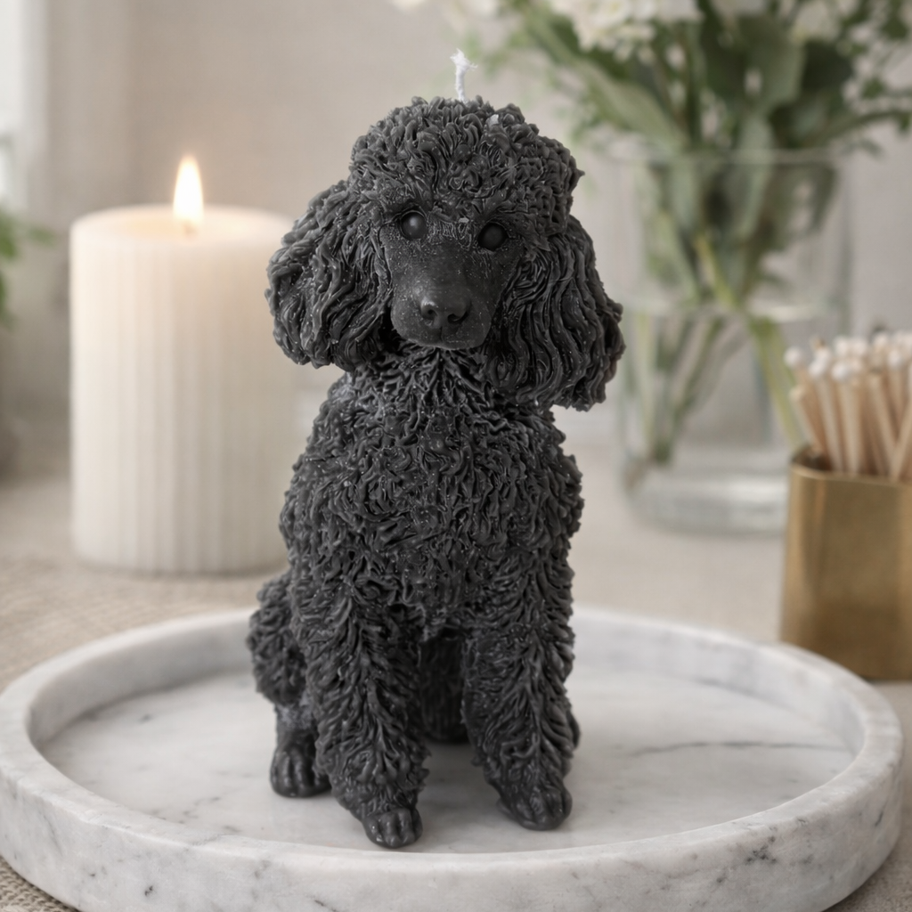Black poodle candle on marble tray with flowers and lit candle in modern bathroom decor