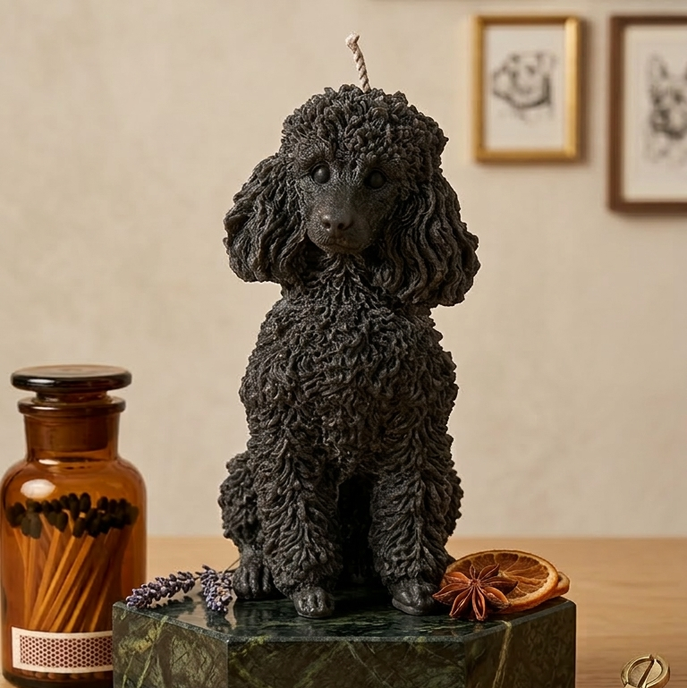 Black poodle figurine candle styled with amber jar and matches in warm vintage-inspired decor
