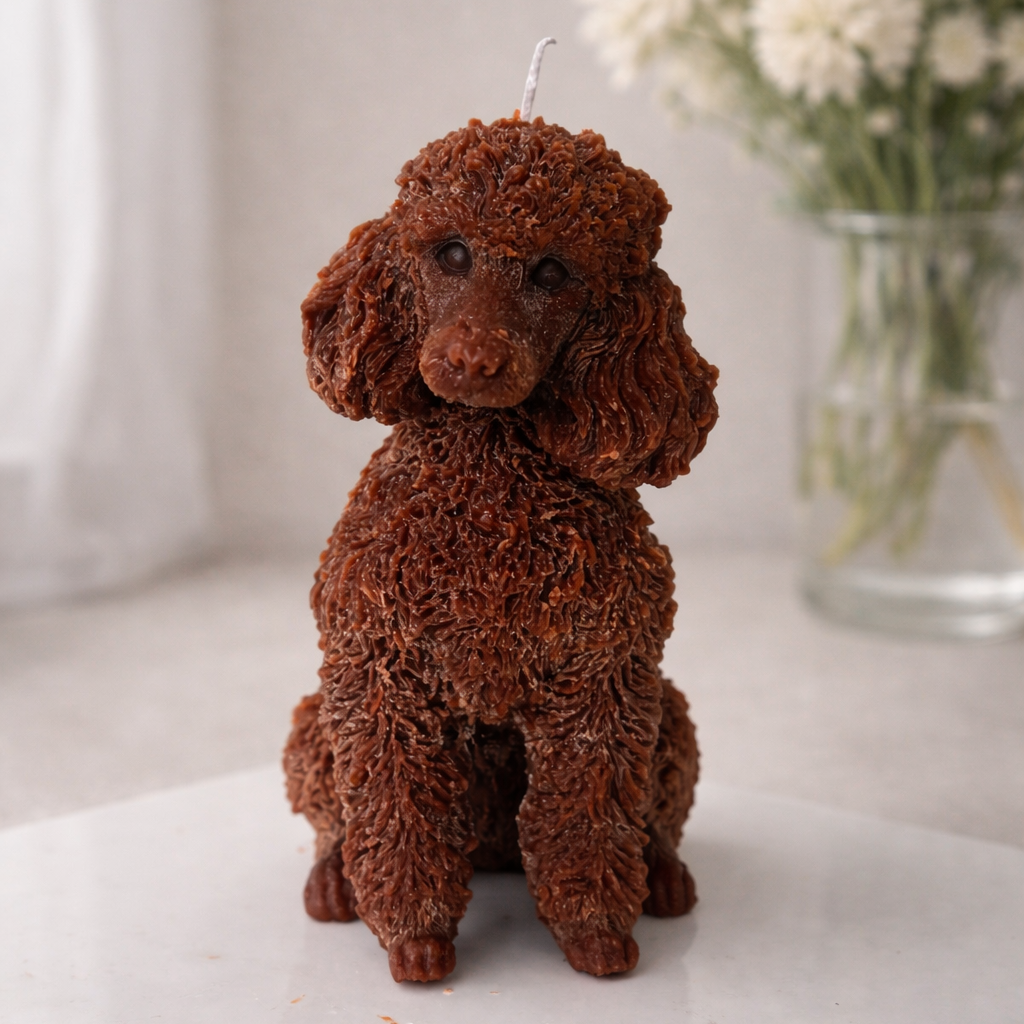 Dark brown poodle candle close-up showing detailed curly texture handmade from soy wax