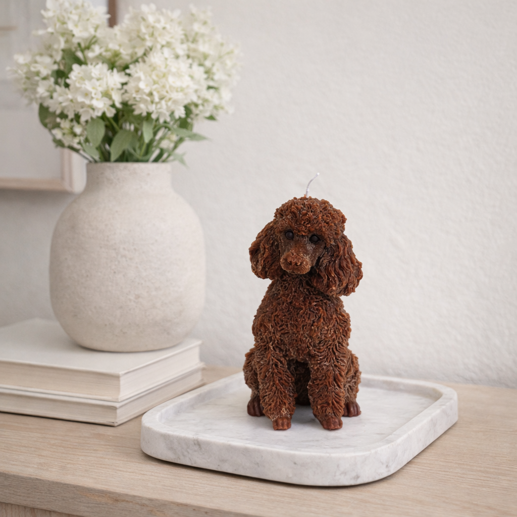 Dark brown poodle candle displayed on modern console table with vase and neutral home decor