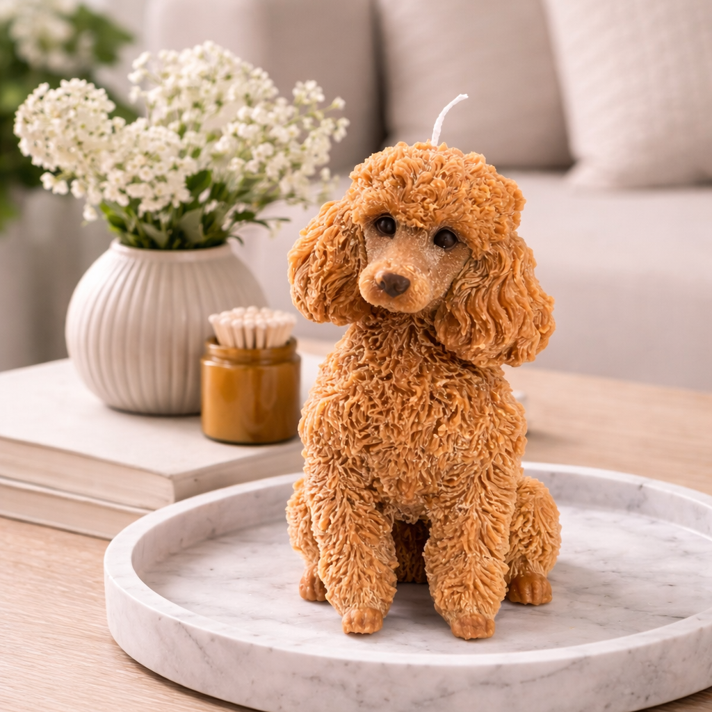 Light brown poodle candle styled on coffee table with flowers and cozy living room setting