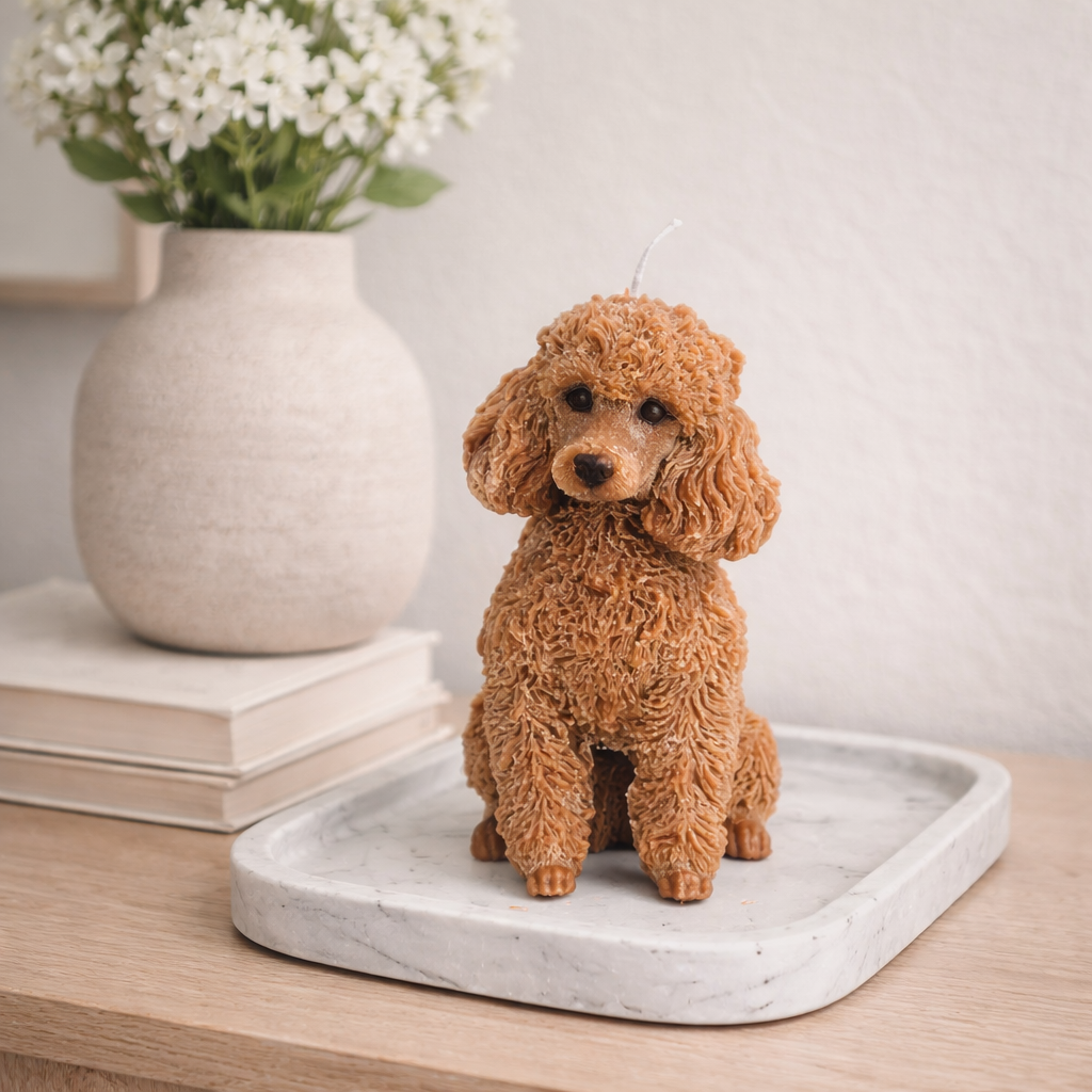 Light brown poodle candle on marble tray with minimalist decor and neutral styling