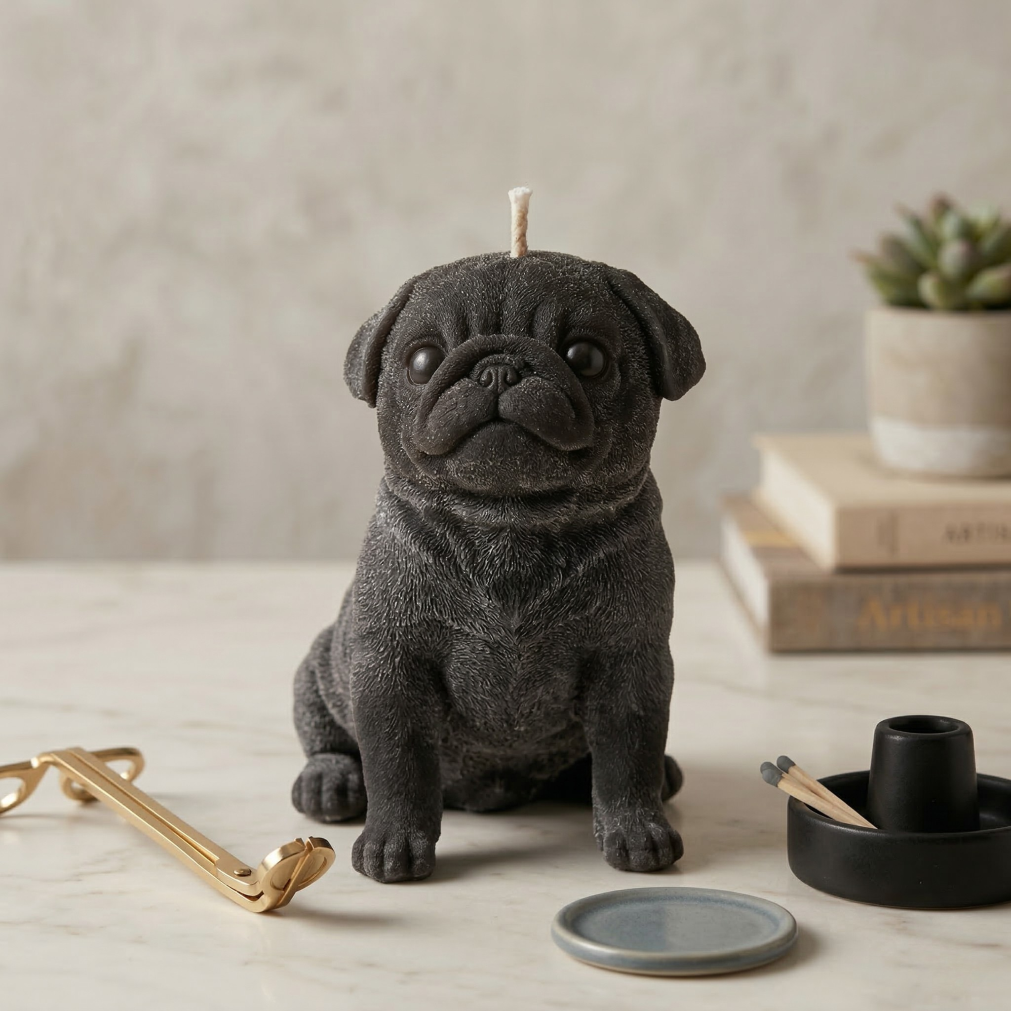 Charcoal pug candle with minimalist decor accessories on marble surface