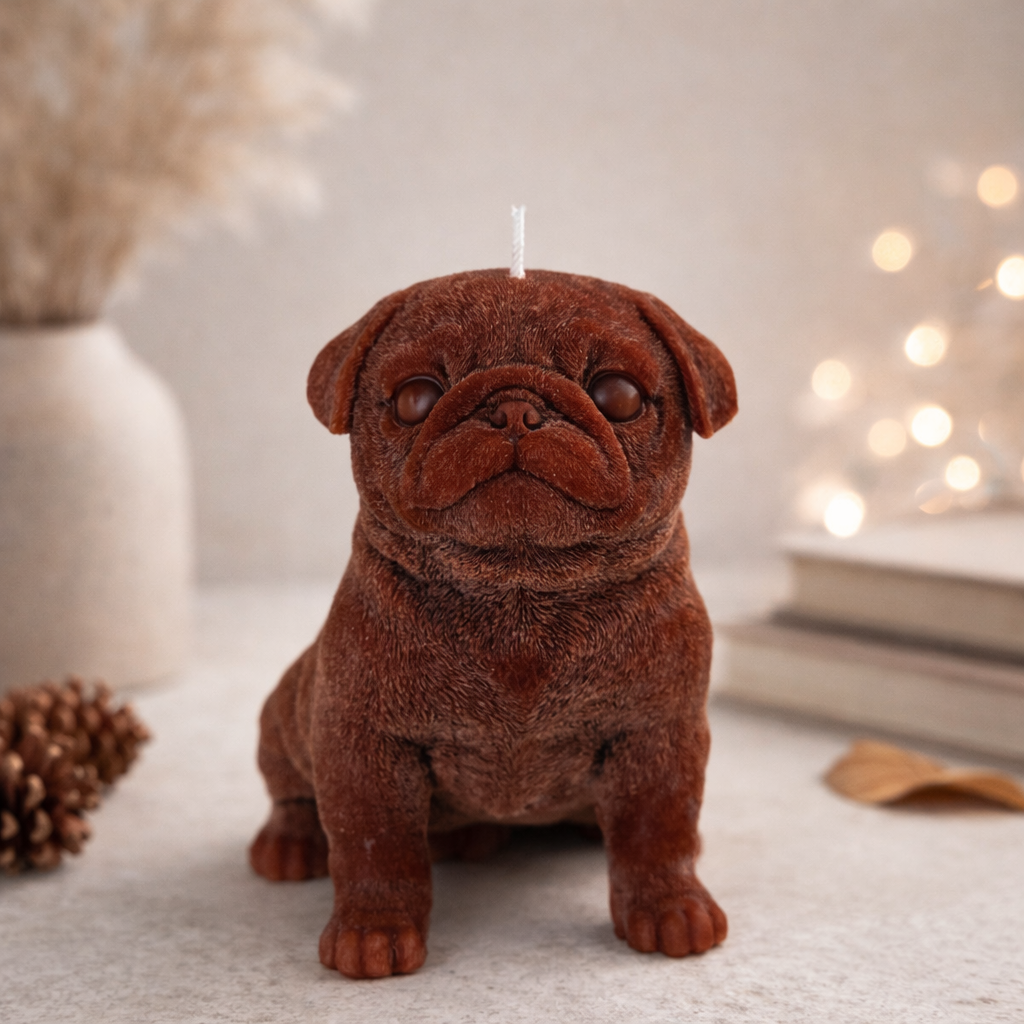 Dark brown pug puppy candle in warm cozy aesthetic setting with soft lighting