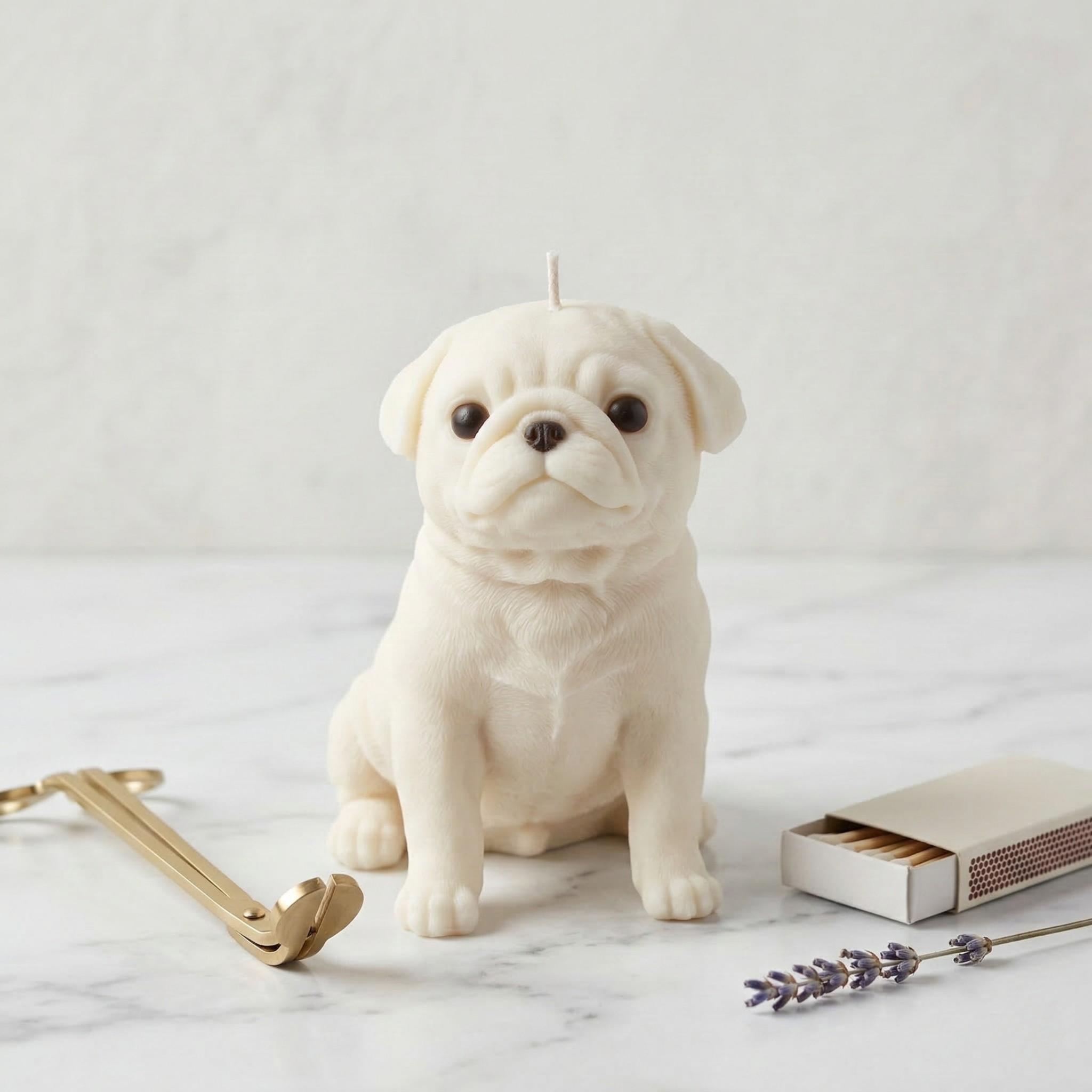 White pug candle on marble surface with candle tools and lavender