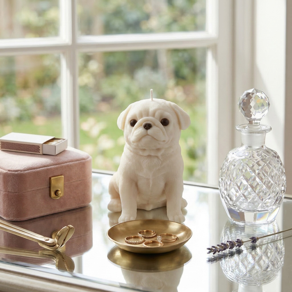 White pug puppy candle near window with jewelry tray and glass decor