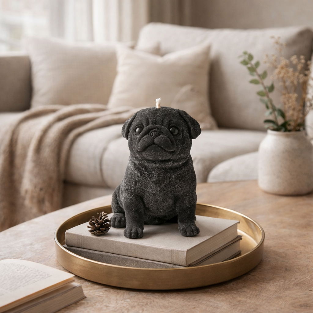 Black pug puppy candle styled on coffee table tray in cozy living room