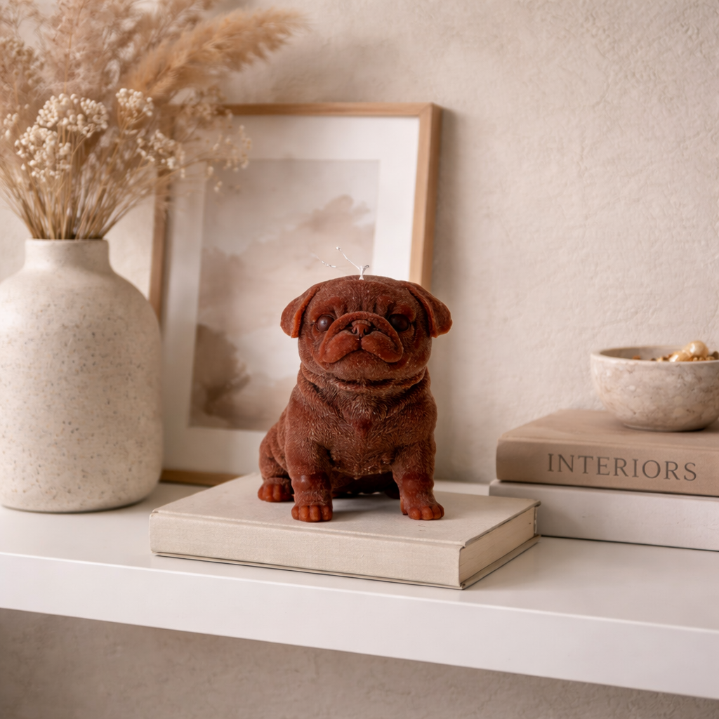 Brown pug candle styled on shelf with books and neutral home decor accents