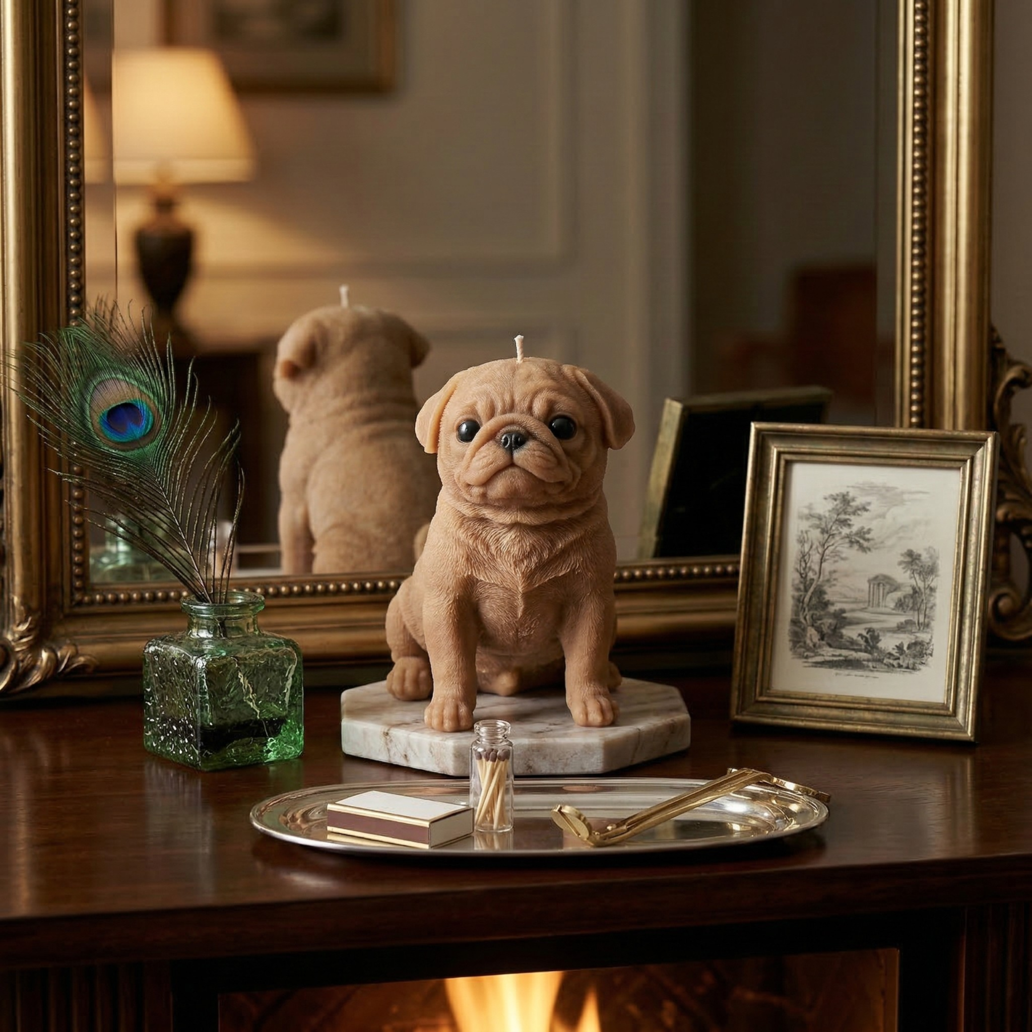 Light brown pug puppy candle displayed on vintage styled console with mirror