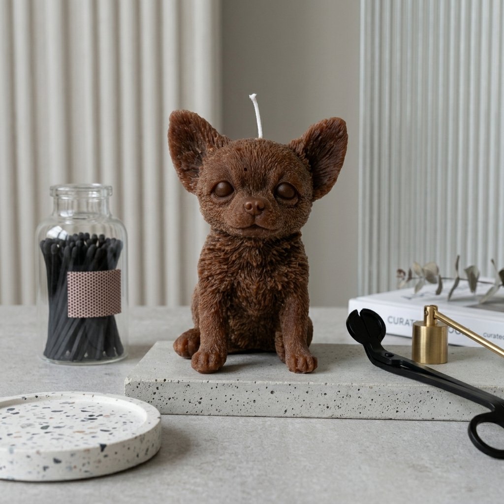 Close-up of a chocolate brown Chihuahua dog candle showing realistic fur texture on a concrete tray.