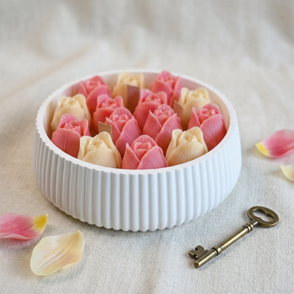 House of Wick Tulip Bloom candle with pink and white wax tulips in a ribbed-round bowl