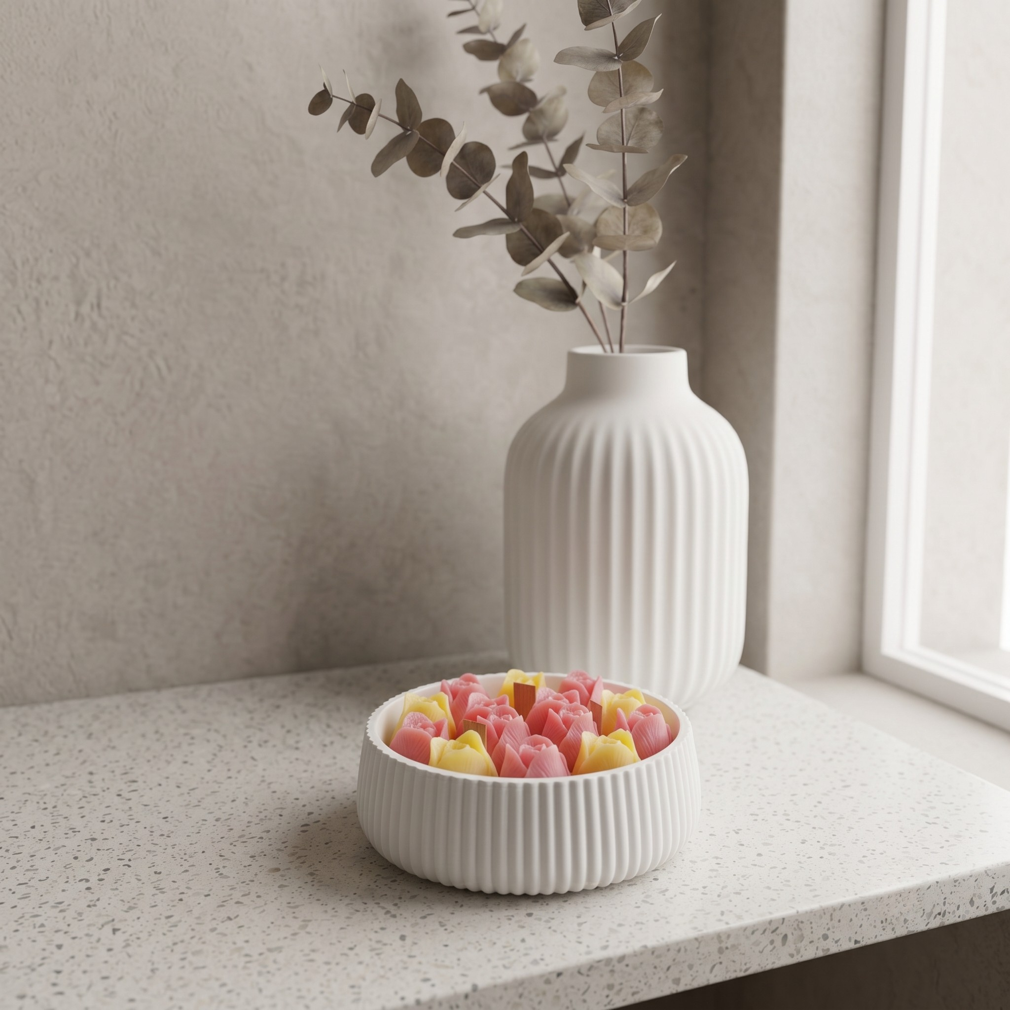House of Wick Tulip Bloom candle with pink and yellow tulips styled on a windowsill as spring décor