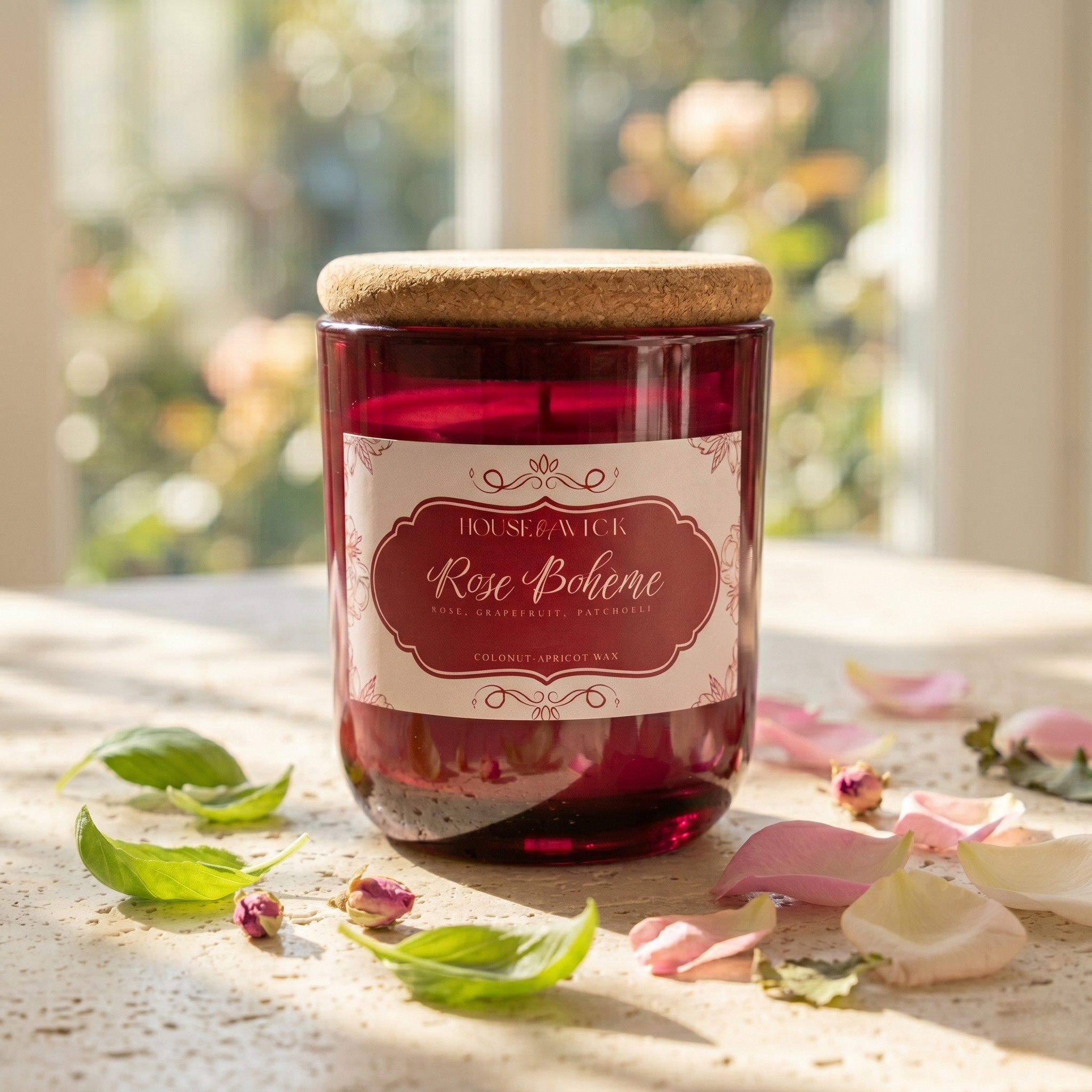 House of Wick Rose Boheme 12 oz sculptural fragrance candle in a deep red glass jar with a natural cork lid.