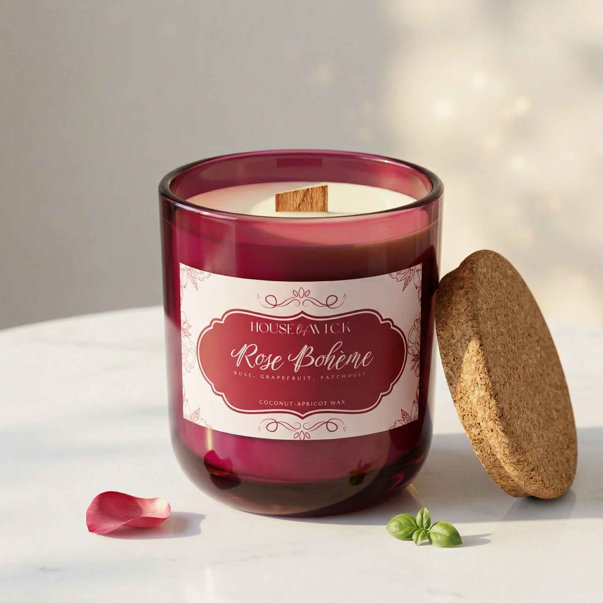 House of Wick 12 oz Rose Boheme luxury candle made with Coconut Apricot wax in a ruby glass jar.