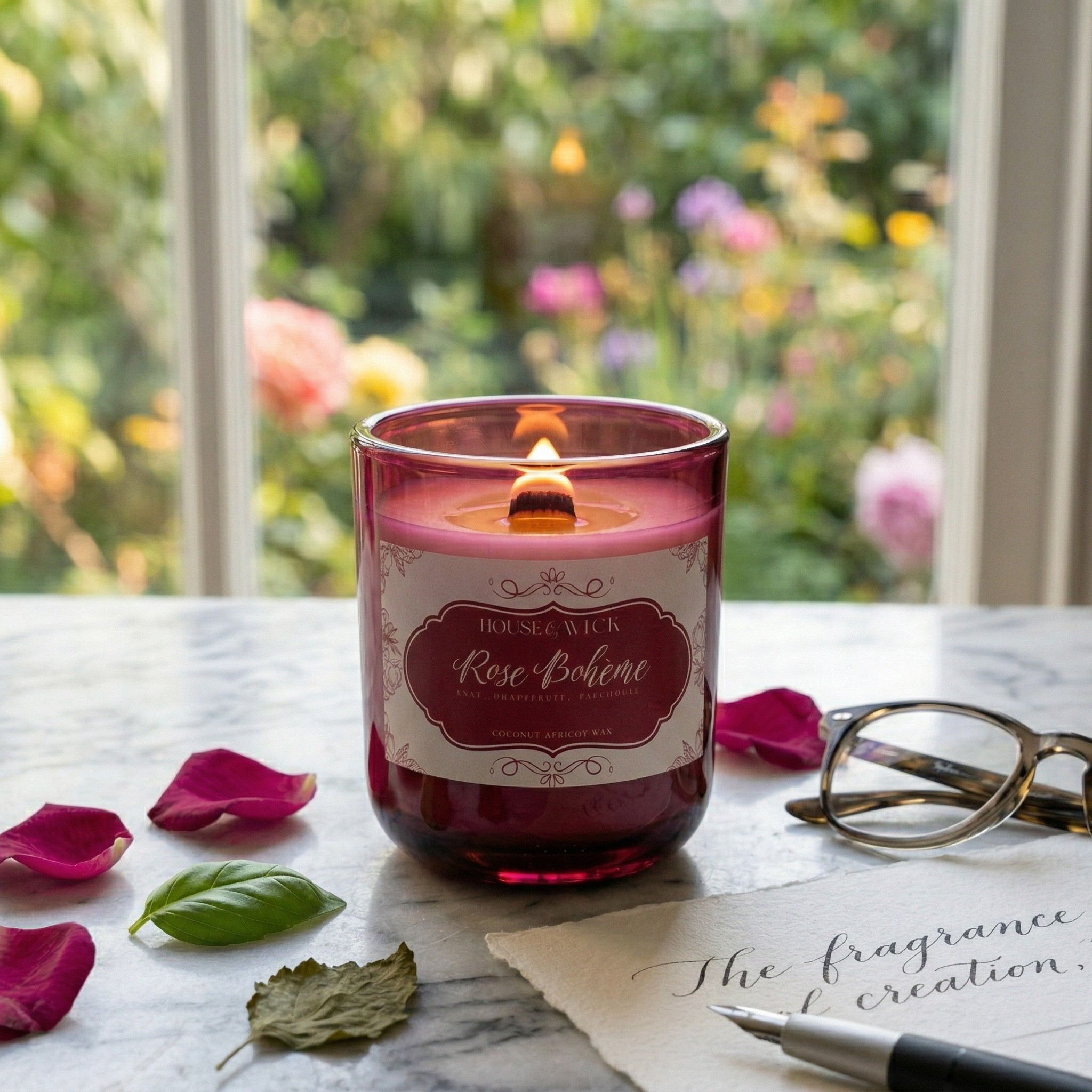 A lit 12 oz Rose Boheme candle by House of Wick on a desk with rose petals and stationery.