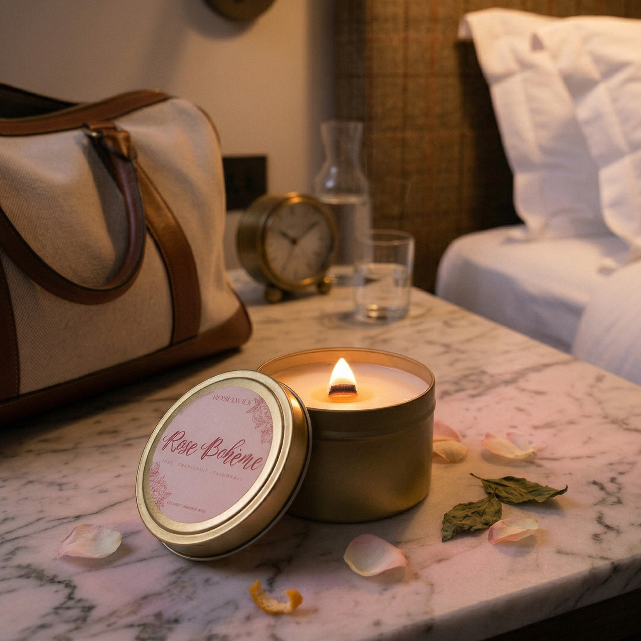 Lit 6 oz House of Wick Rose Boheme travel candle in a gold tin on a marble bedside table.