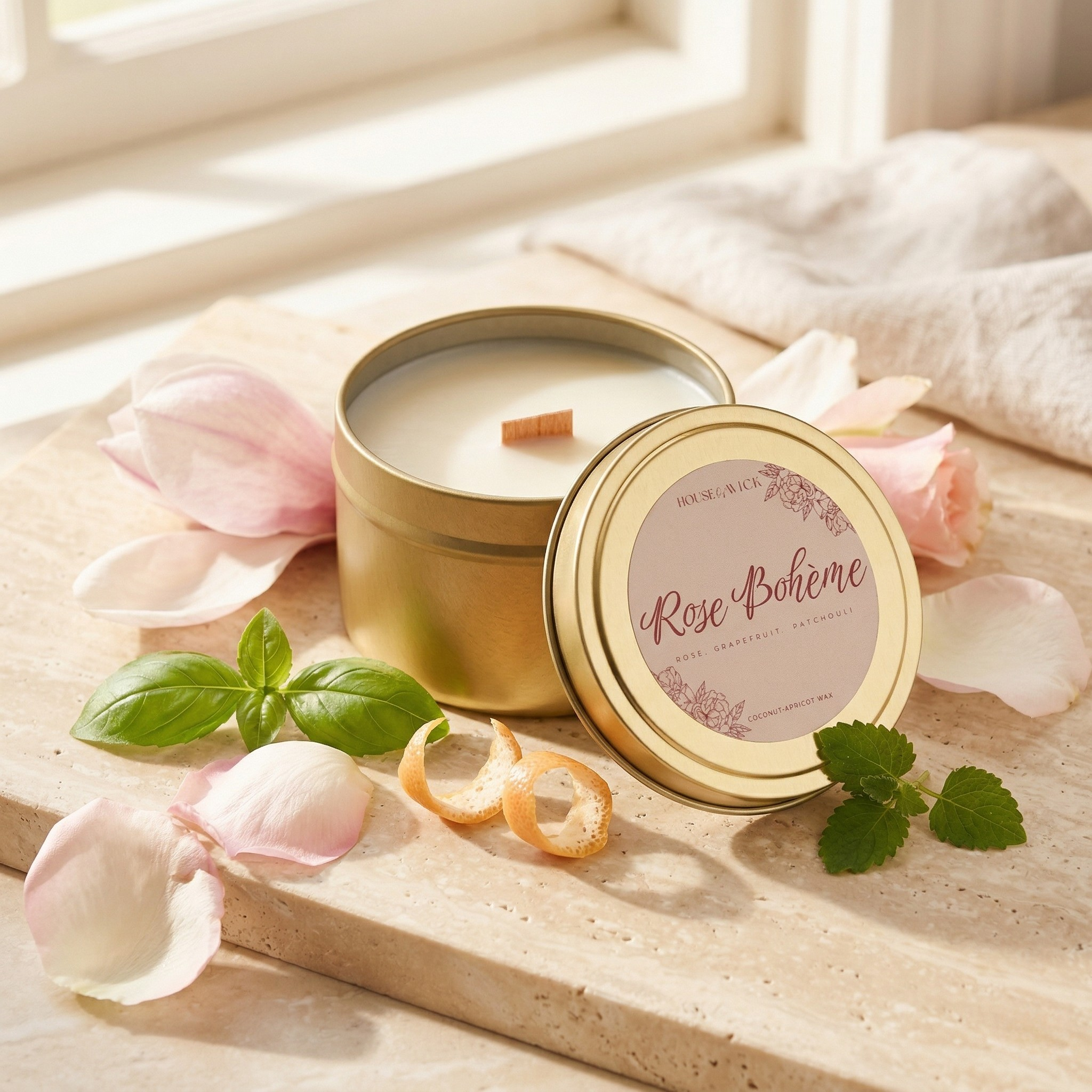 House of Wick Rose Boheme 6 oz gold tin candle surrounded by grapefruit peel and rose petals.