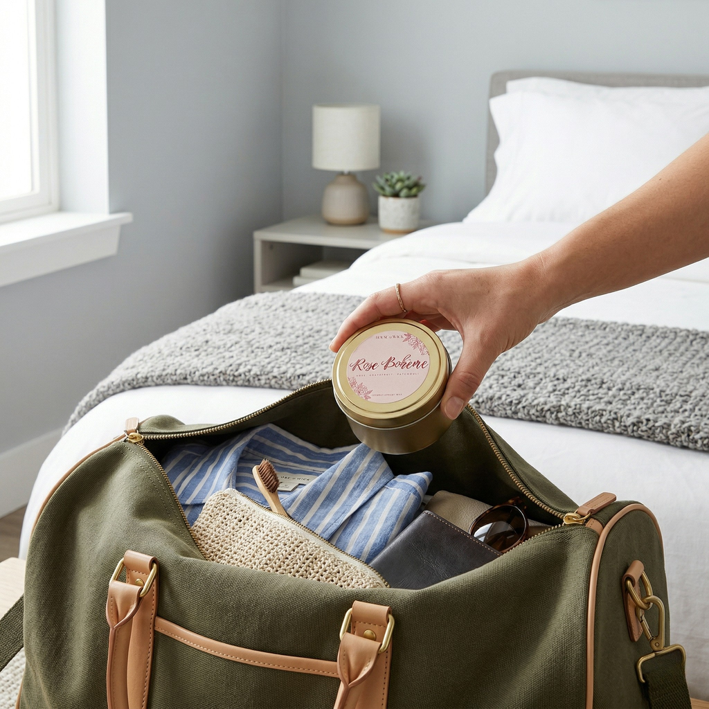 A hand placing a 6 oz House of Wick Rose Boheme gold travel tin candle into a packed weekend bag.