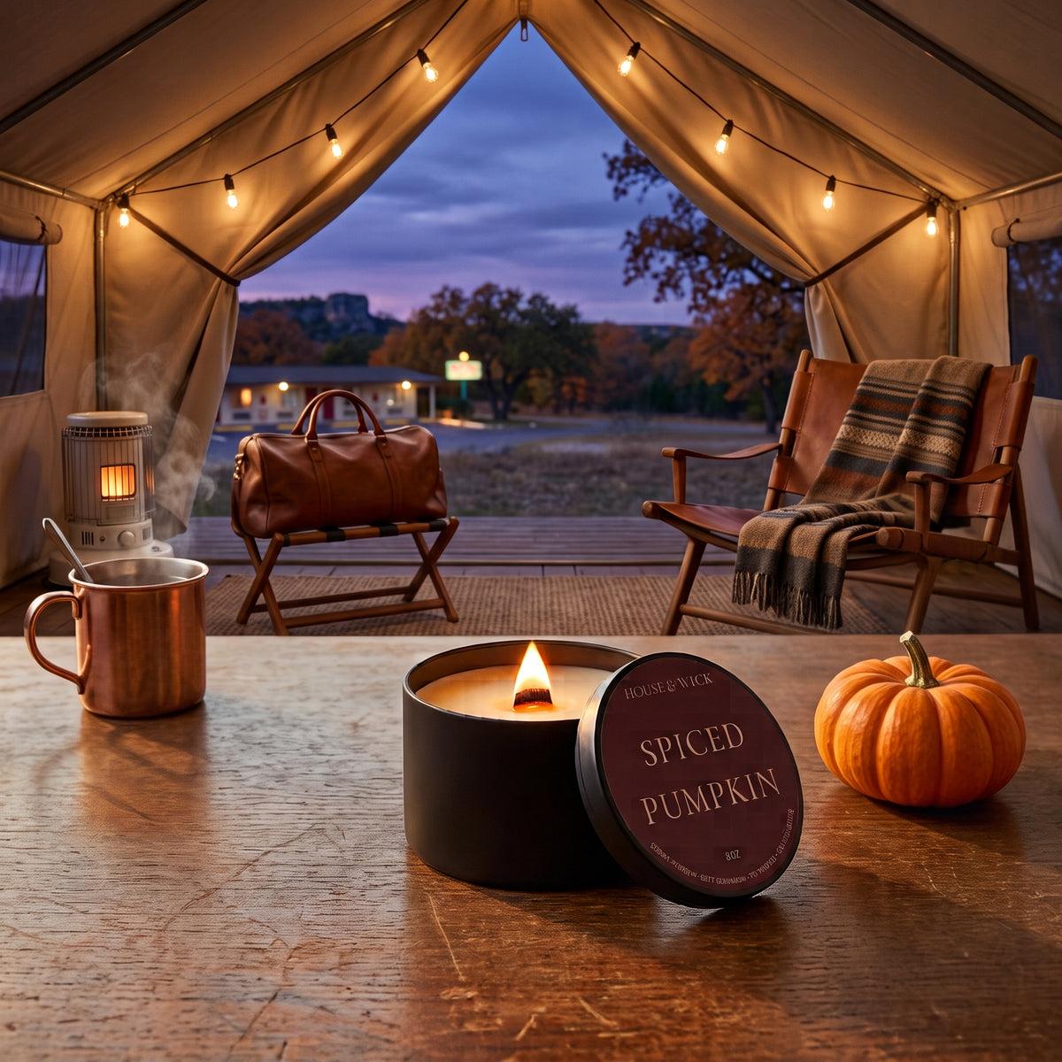 House of Wick, spiced pumpkin candle, 8oz black tin candle, wood wick candle, fall glamping aesthetic, autumn sunset decor, outdoor cozy aesthetic