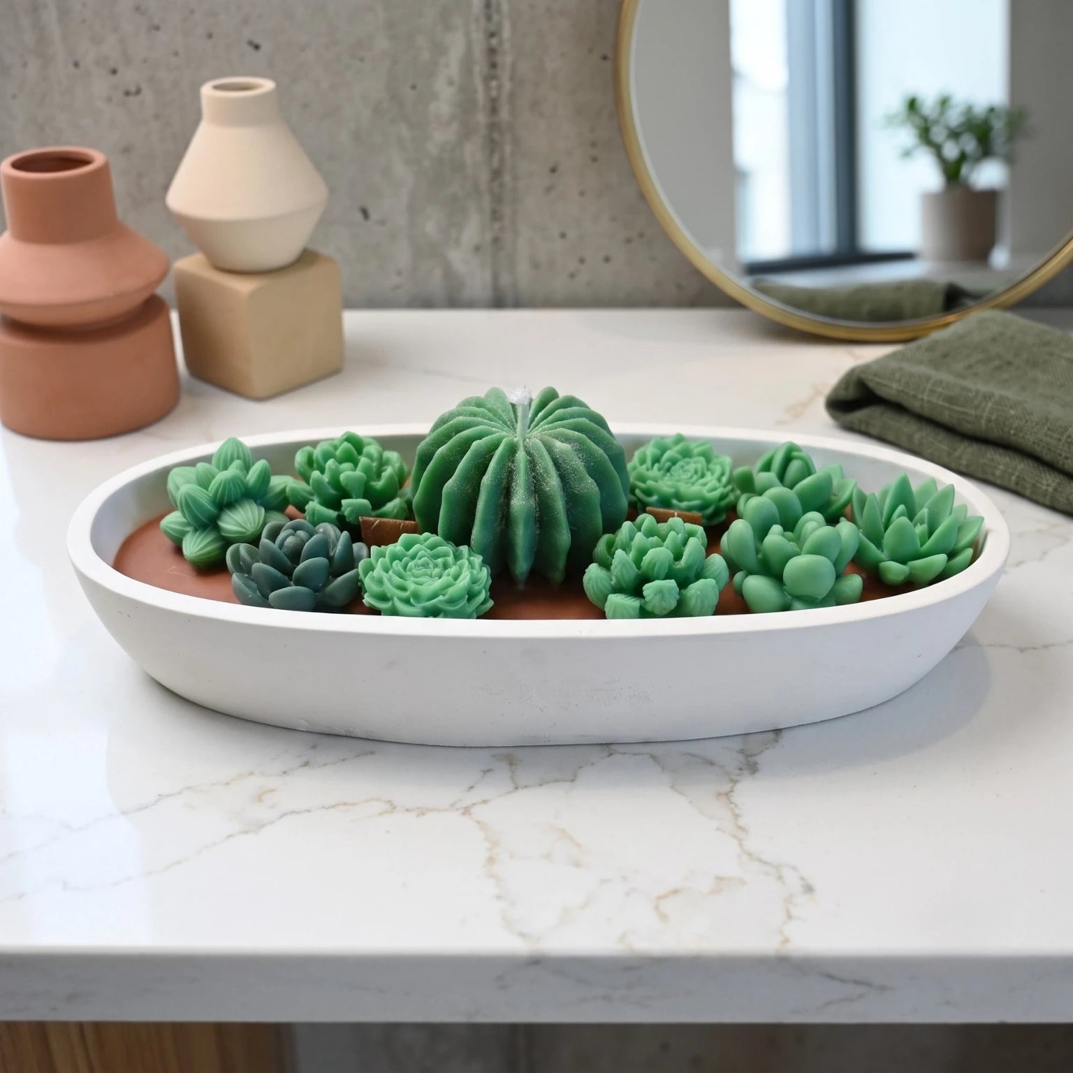 House of Wick Succulent Garden candle styled on a marble bathroom counter as botanical décor