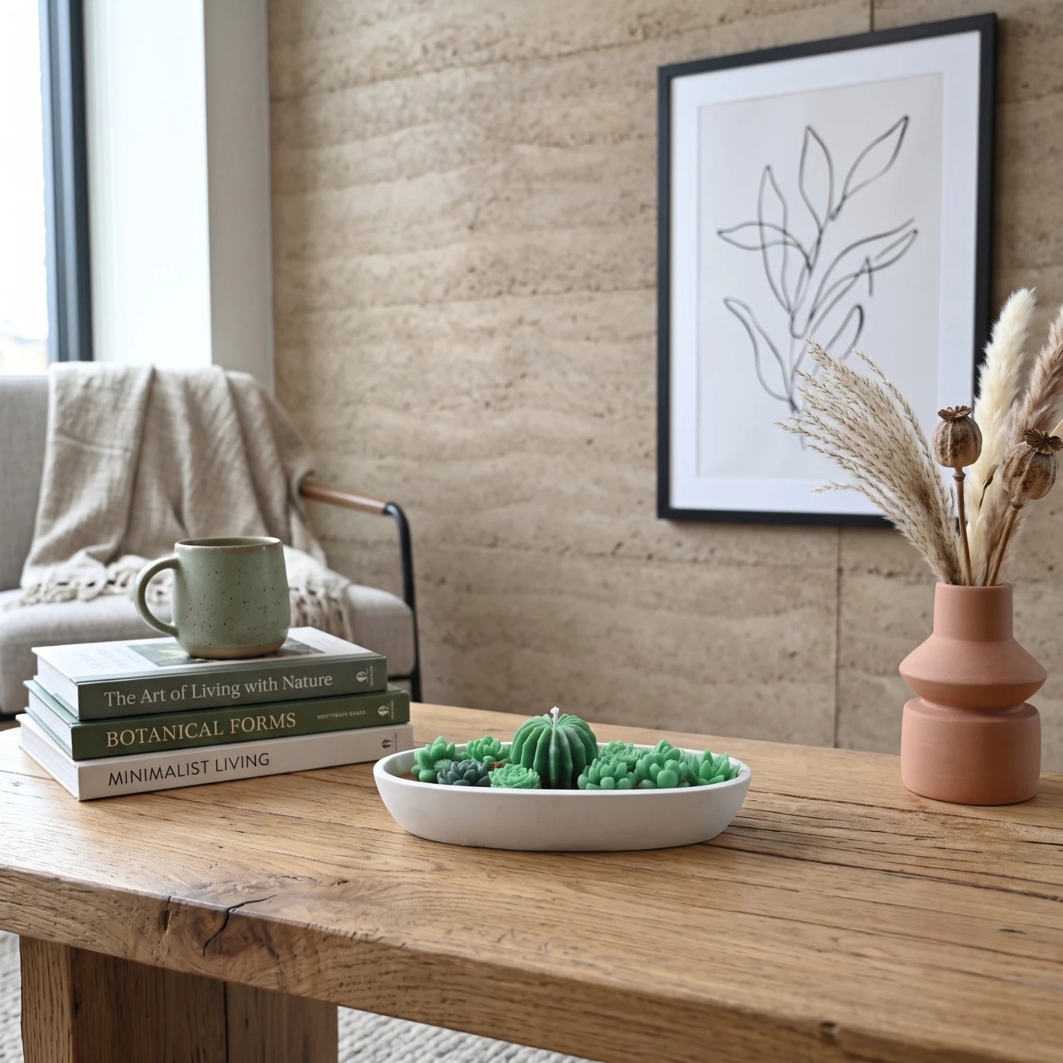 House of Wick Succulent Garden succulent candle on a rustic table in a boho styled setting