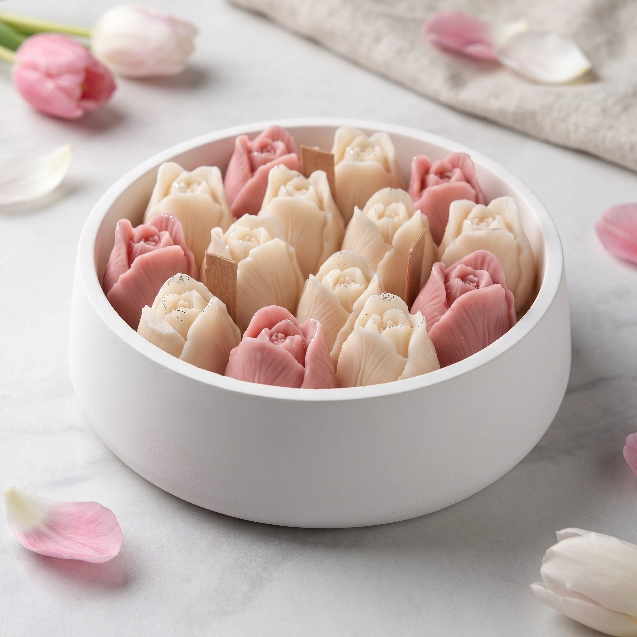 House of Wick Tulip Bloom candle with pink and cream wax tulips in a smooth round bowl